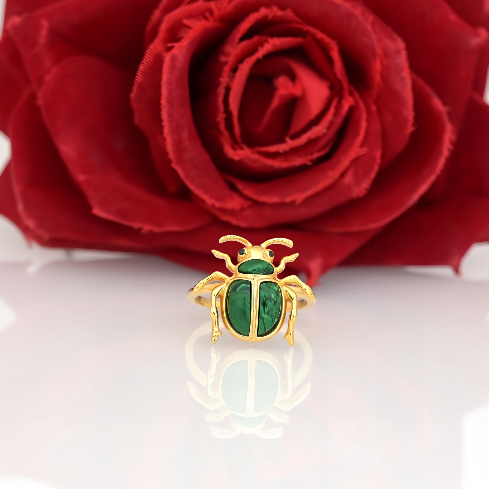 14k Gold Malachite Scarab Ring: Hand Carved Amulet - View 2 - Suren Jewels | SKU: SJR2803-SLYGMKBKCZ-US-7,SJR2809-SLNSLBBKCZ- 14k Gold Malachite Scarab Ring: Hand Carved Amulet - View 2 - Suren Jewels | SKU: SJR2803-SLYGMKBKCZ-US-7,SJR2809-SLNSLBBKCZ-