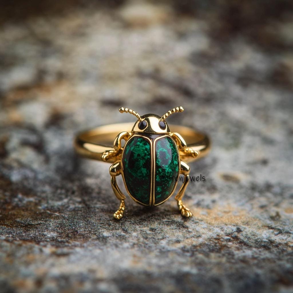 14k Gold Malachite Scarab Ring: Hand Carved Amulet - View 3 - Suren Jewels | SKU: SJR2803-SLYGMKBKCZ-US-7,SJR2809-SLNSLBBKCZ- 14k Gold Malachite Scarab Ring: Hand Carved Amulet - View 3 - Suren Jewels | SKU: SJR2803-SLYGMKBKCZ-US-7,SJR2809-SLNSLBBKCZ-