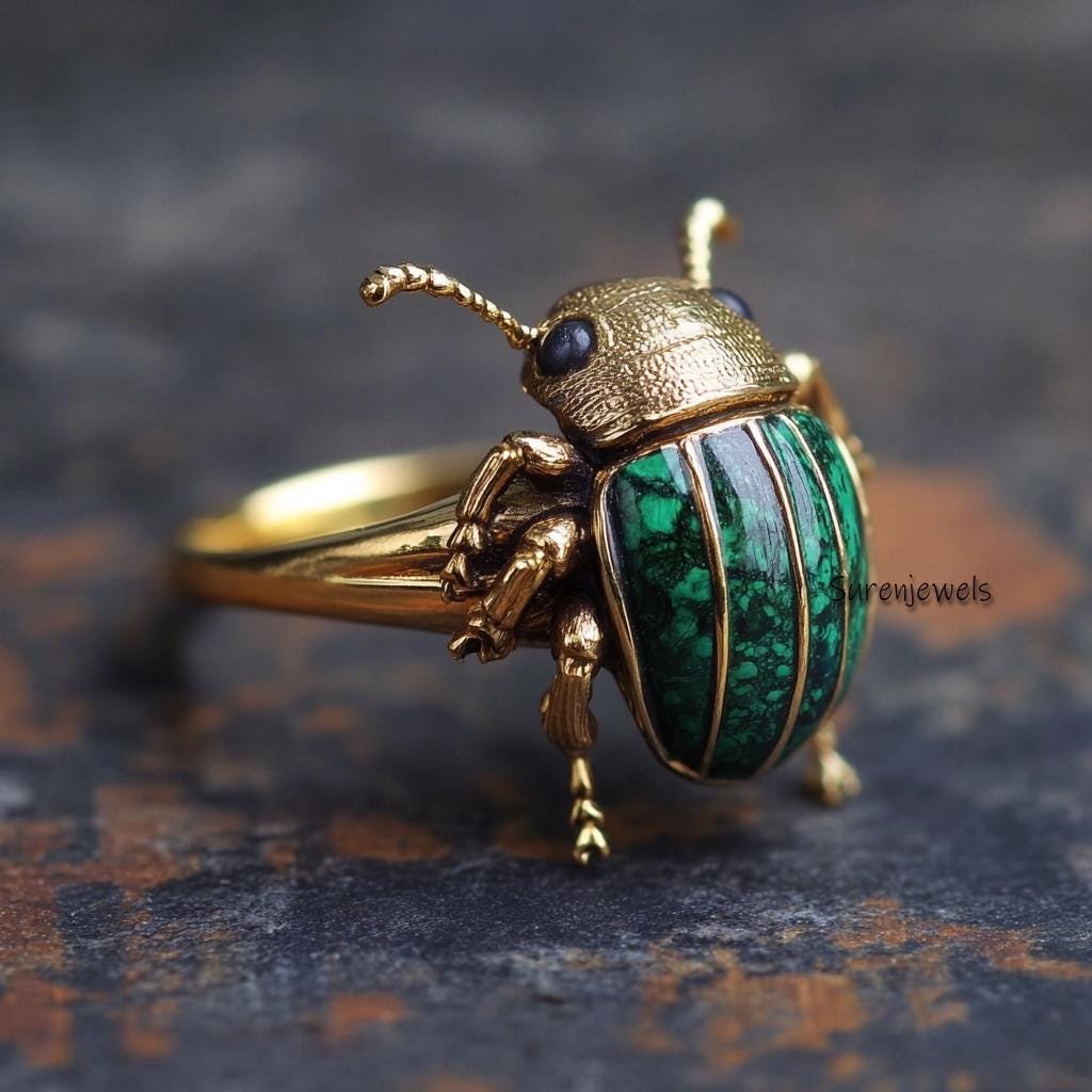 14k Gold Malachite Scarab Ring: Hand Carved Amulet - View 4 - Suren Jewels | SKU: SJR2803-SLYGMKBKCZ-US-7,SJR2809-SLNSLBBKCZ- 14k Gold Malachite Scarab Ring: Hand Carved Amulet - View 4 - Suren Jewels | SKU: SJR2803-SLYGMKBKCZ-US-7,SJR2809-SLNSLBBKCZ-