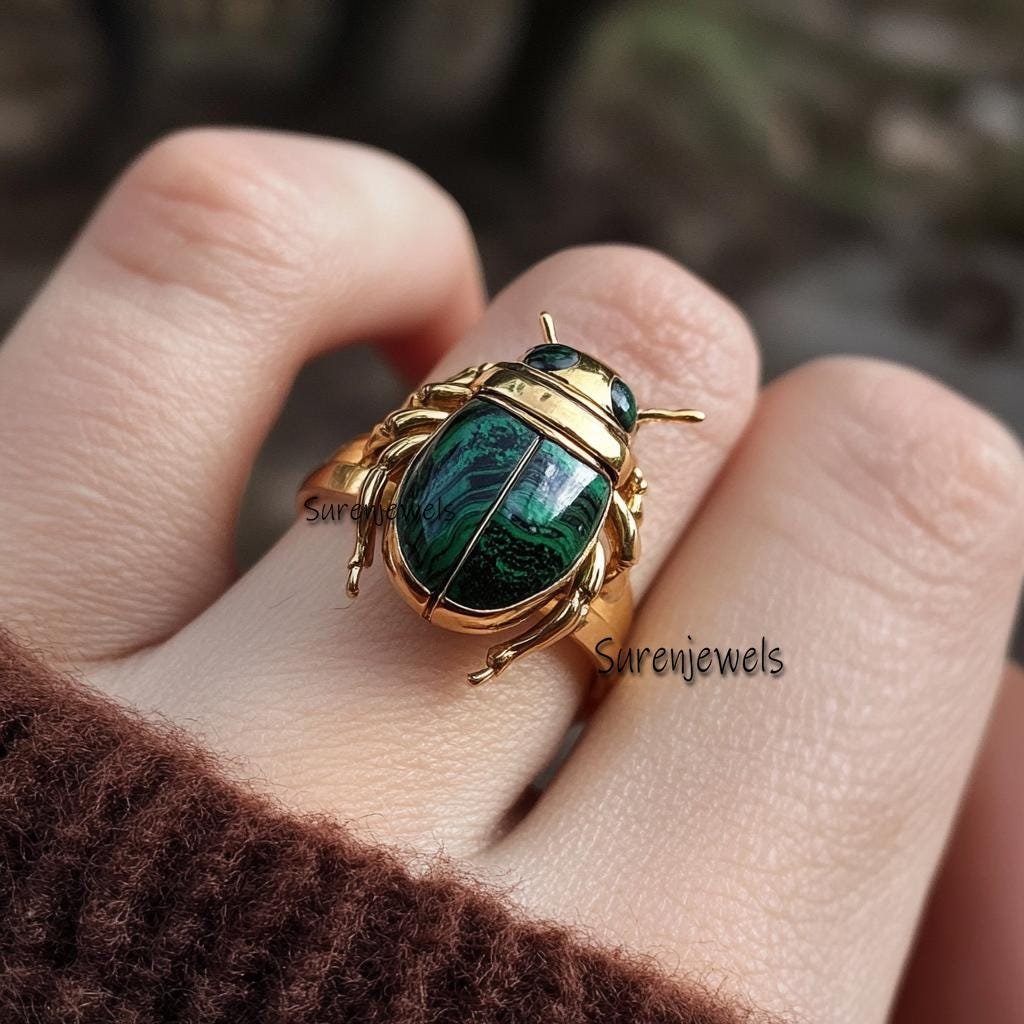 14k Gold Malachite Scarab Ring: Hand Carved Amulet - View 5 - Suren Jewels | SKU: SJR2803-SLYGMKBKCZ-US-7,SJR2809-SLNSLBBKCZ- 14k Gold Malachite Scarab Ring: Hand Carved Amulet - View 5 - Suren Jewels | SKU: SJR2803-SLYGMKBKCZ-US-7,SJR2809-SLNSLBBKCZ-