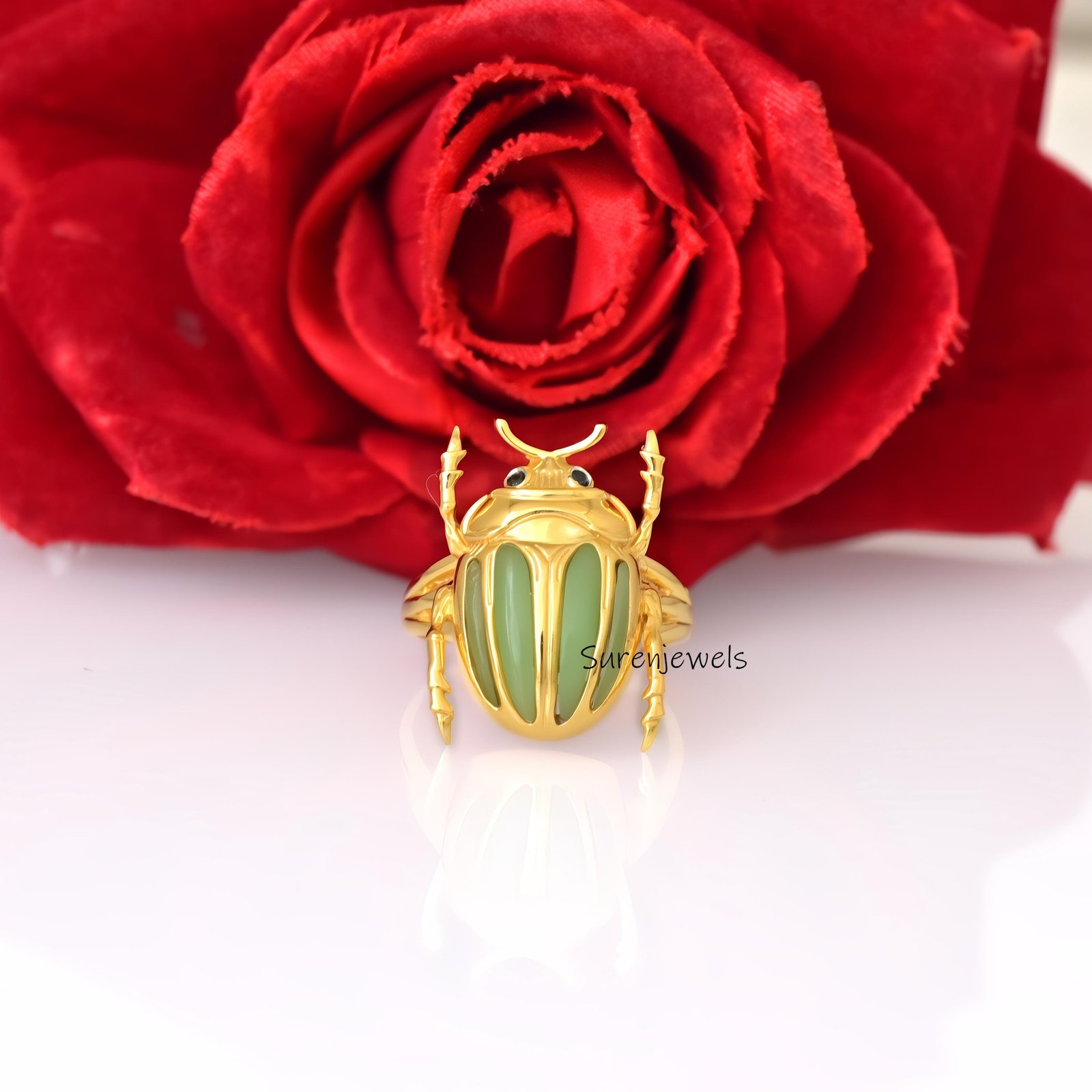 14k Gold Malachite Scarab Ring: Hand Carved Animal Ring - Suren Jewels | SKU: SJR2927-SLYGMKBKCZ-US-8,SJR2865-SLNSMSBKCZ-US-7 14k Gold Malachite Scarab Ring: Hand Carved Animal Ring - Suren Jewels | SKU: SJR2927-SLYGMKBKCZ-US-8,SJR2865-SLNSMSBKCZ-US-7