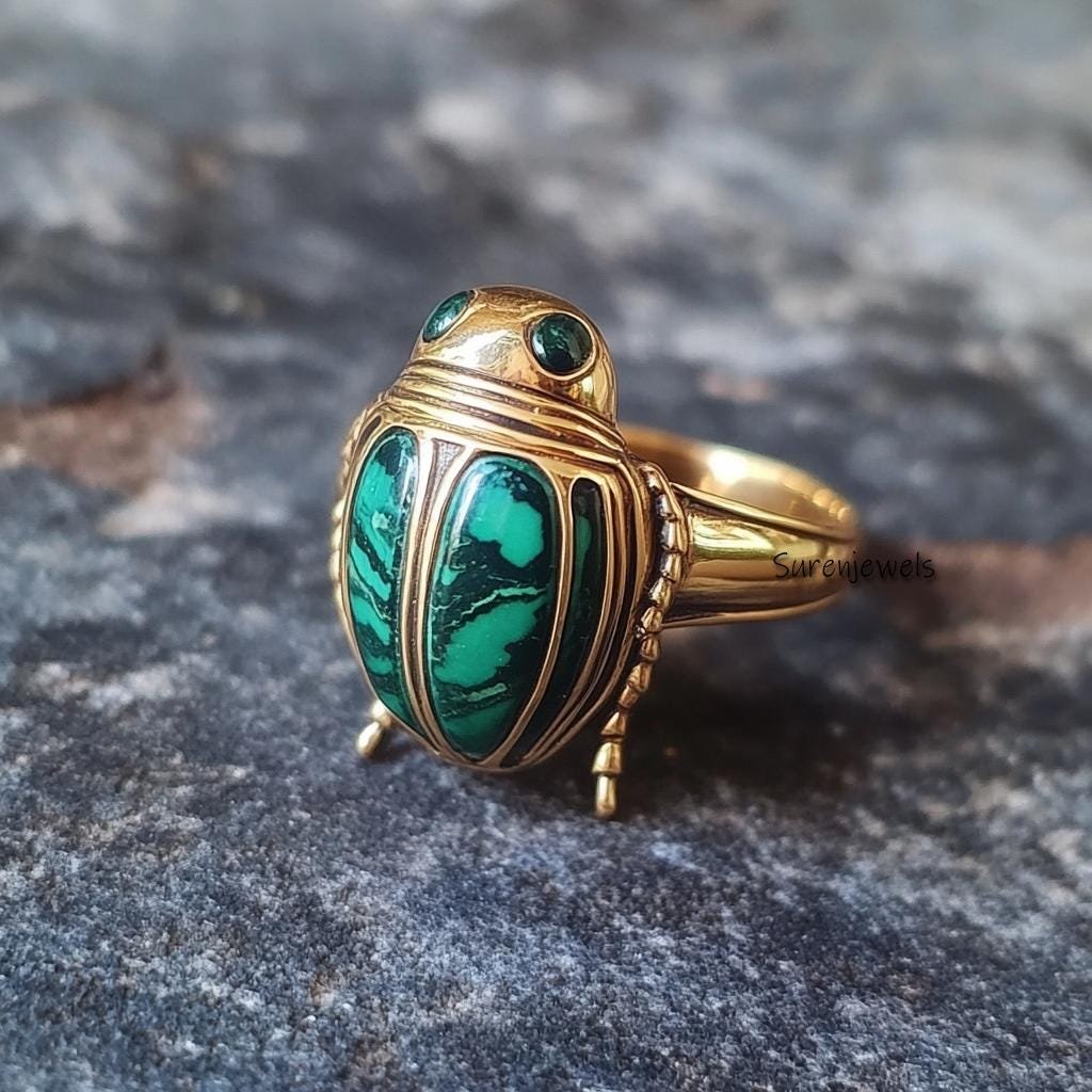 14k Gold Malachite Scarab Ring: Hand Carved Animal Ring - View 3 - Suren Jewels | SKU: SJR2927-SLYGMKBKCZ-US-8,SJR2865-SLNSMS 14k Gold Malachite Scarab Ring: Hand Carved Animal Ring - View 3 - Suren Jewels | SKU: SJR2927-SLYGMKBKCZ-US-8,SJR2865-SLNSMS