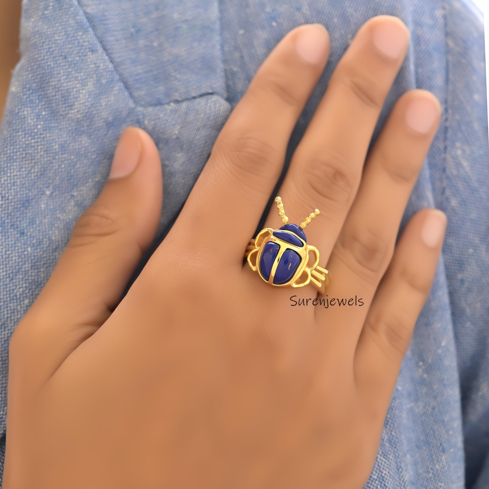14k Gold Malachite Scarab Ring: Hand Carved Animal Ring - View 4 - Suren Jewels | SKU: SJR2927-SLYGMKBKCZ-US-8,SJR2865-SLNSMS 14k Gold Malachite Scarab Ring: Hand Carved Animal Ring - View 4 - Suren Jewels | SKU: SJR2927-SLYGMKBKCZ-US-8,SJR2865-SLNSMS