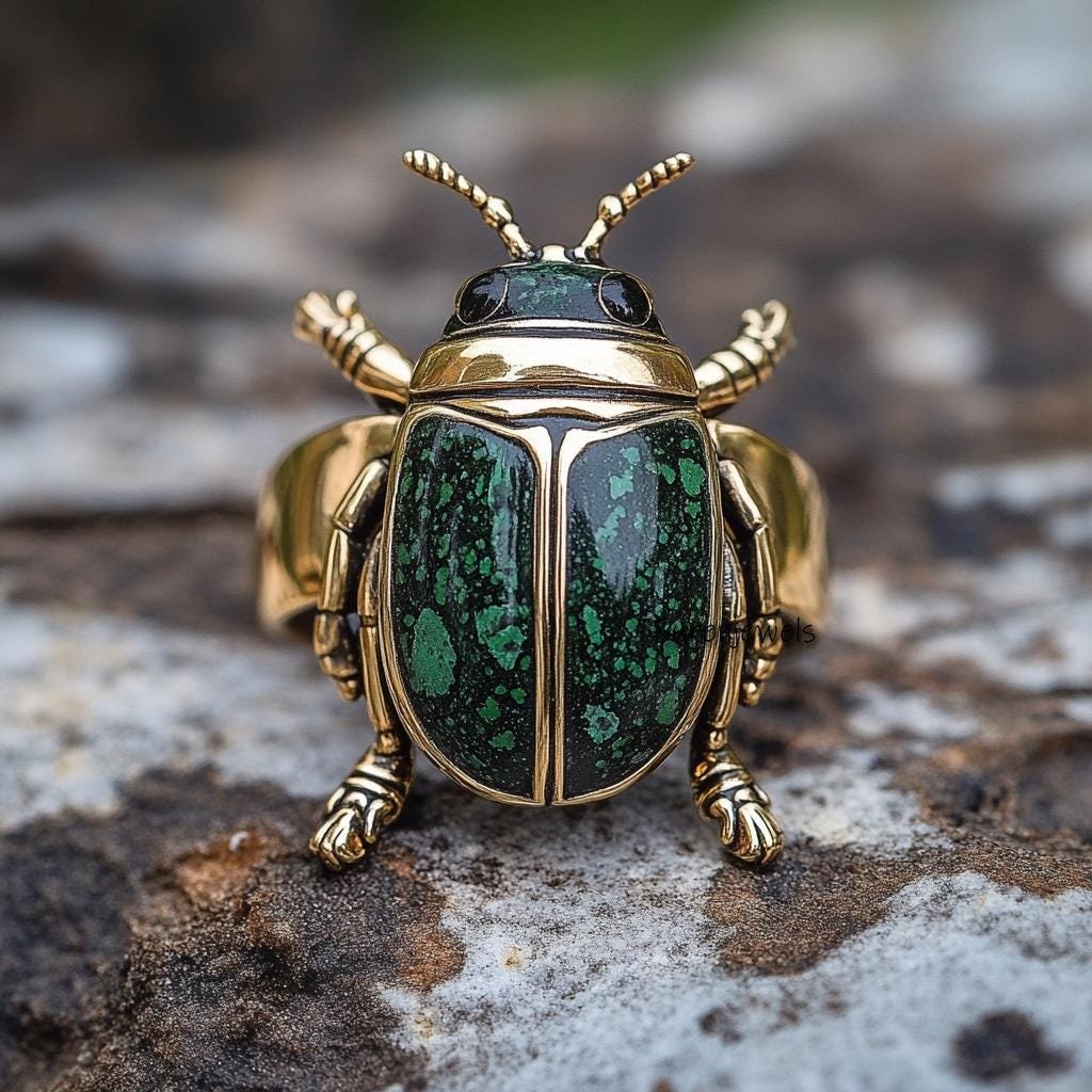 14k Gold Malachite Scarab Ring: Hand Carved Animal Ring - View 5 - Suren Jewels | SKU: SJR2927-SLYGMKBKCZ-US-8,SJR2865-SLNSMS 14k Gold Malachite Scarab Ring: Hand Carved Animal Ring - View 5 - Suren Jewels | SKU: SJR2927-SLYGMKBKCZ-US-8,SJR2865-SLNSMS