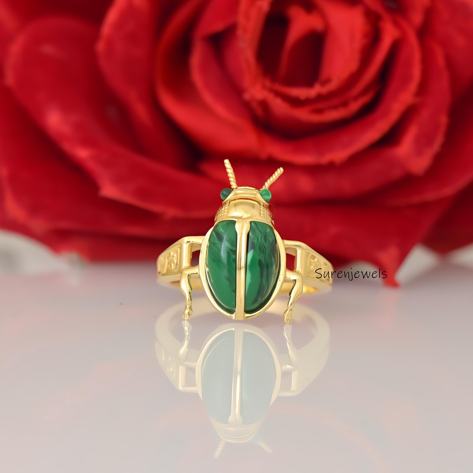 14k Gold Malachite Scarab Ring: Hand Carved Animal Ring - View 6 - Suren Jewels | SKU: SJR2927-SLYGMKBKCZ-US-8,SJR2865-SLNSMS 14k Gold Malachite Scarab Ring: Hand Carved Animal Ring - View 6 - Suren Jewels | SKU: SJR2927-SLYGMKBKCZ-US-8,SJR2865-SLNSMS