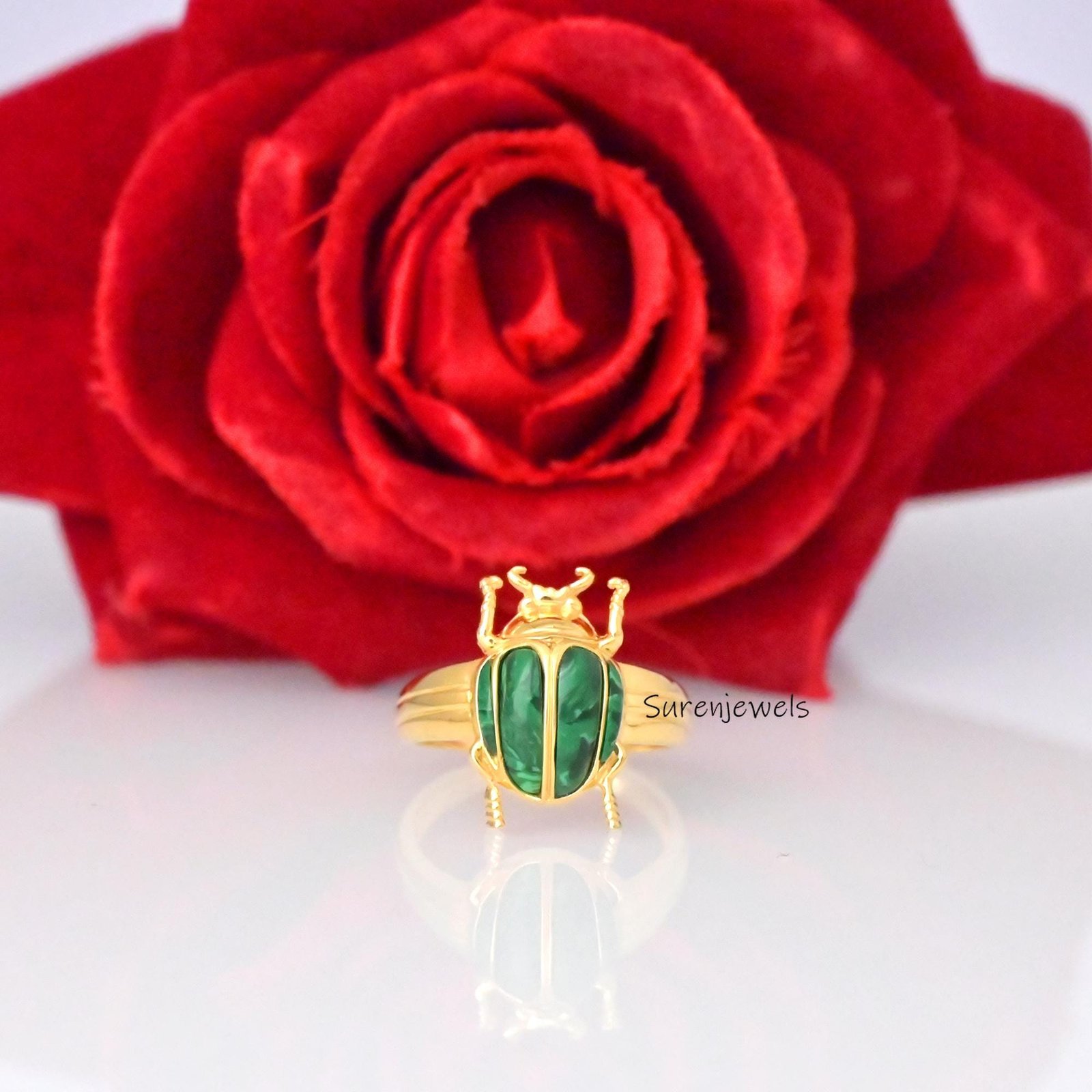 14k Gold Malachite Scarab Ring: Hand Carved Animal Ring - View 7 - Suren Jewels | SKU: SJR2927-SLYGMKBKCZ-US-8,SJR2865-SLNSMS 14k Gold Malachite Scarab Ring: Hand Carved Animal Ring - View 7 - Suren Jewels | SKU: SJR2927-SLYGMKBKCZ-US-8,SJR2865-SLNSMS