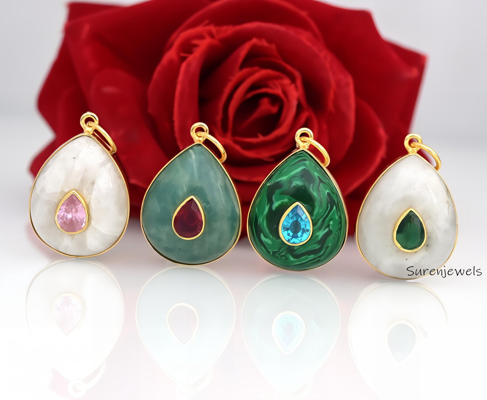 14K Gold Malachite Teardrop Pendant: Designer Gemstone Drop - Suren Jewels | SKU: SJP1574-SLYGAMCZ 14K Gold Malachite Teardrop Pendant: Designer Gemstone Drop - Suren Jewels | SKU: SJP1574-SLYGAMCZ