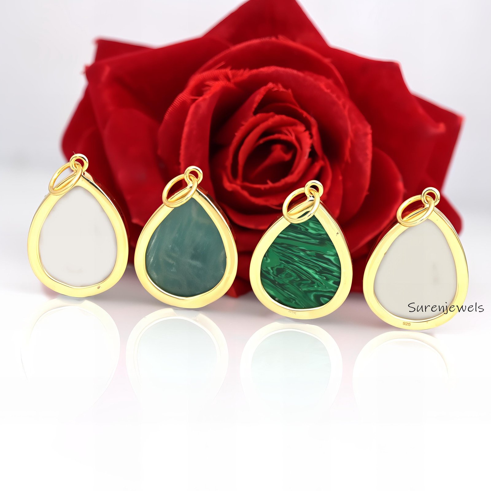 14K Gold Malachite Teardrop Pendant: Designer Gemstone Drop - View 2 - Suren Jewels | SKU: SJP1574-SLYGAMCZ 14K Gold Malachite Teardrop Pendant: Designer Gemstone Drop - View 2 - Suren Jewels | SKU: SJP1574-SLYGAMCZ