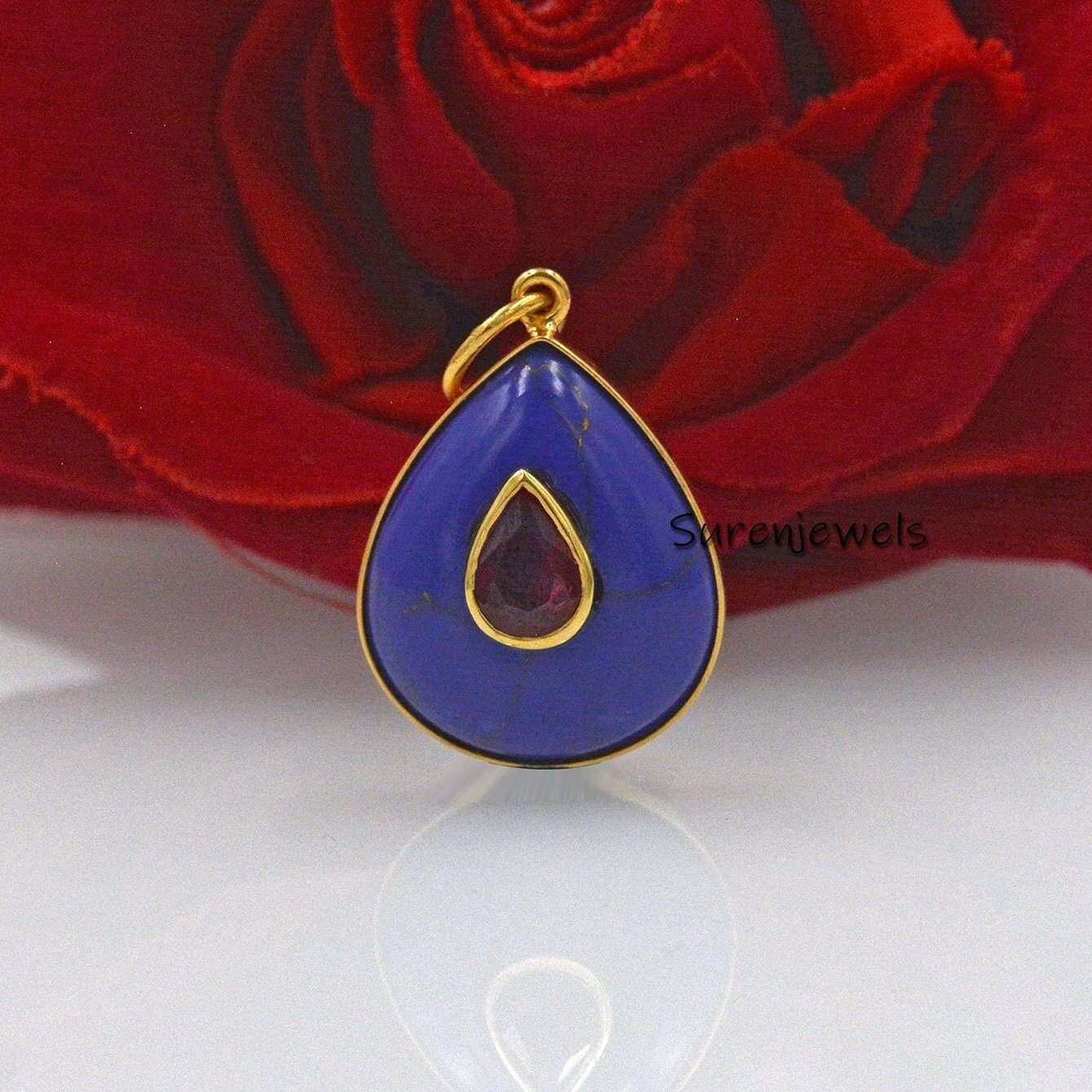 14K Gold Malachite Teardrop Pendant: Designer Gemstone Drop - View 5 - Suren Jewels | SKU: SJP1574-SLYGAMCZ 14K Gold Malachite Teardrop Pendant: Designer Gemstone Drop - View 5 - Suren Jewels | SKU: SJP1574-SLYGAMCZ