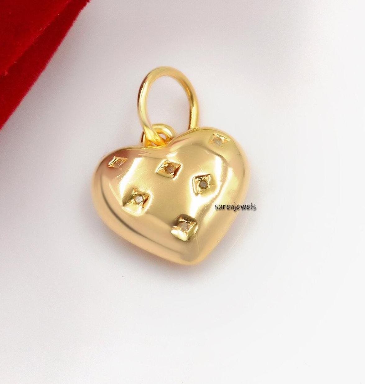 14K Gold Mini Puffy Heart Pendant: Diamond Charm - Suren Jewels | SKU: SJP1294 14K Gold Mini Puffy Heart Pendant: Diamond Charm - Suren Jewels | SKU: SJP1294