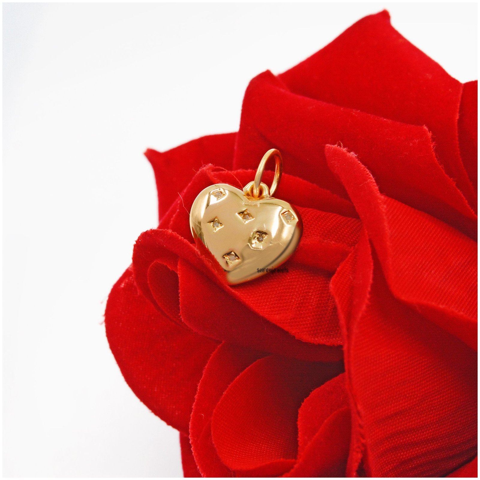 14K Gold Mini Puffy Heart Pendant: Diamond Charm - View 2 - Suren Jewels | SKU: SJP1294 14K Gold Mini Puffy Heart Pendant: Diamond Charm - View 2 - Suren Jewels | SKU: SJP1294