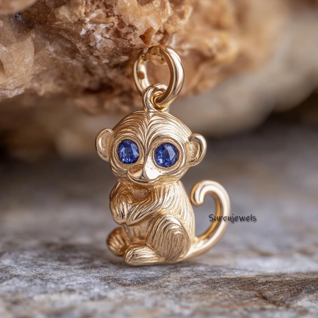 14k Gold Monkey Pendant with Gemstone: Carved Animal Jewelry - View 3 - Suren Jewels | SKU: SJP4943-SLYGBCZ-20M,SJP4923-SLYGB 14k Gold Monkey Pendant with Gemstone: Carved Animal Jewelry - View 3 - Suren Jewels | SKU: SJP4943-SLYGBCZ-20M,SJP4923-SLYGB