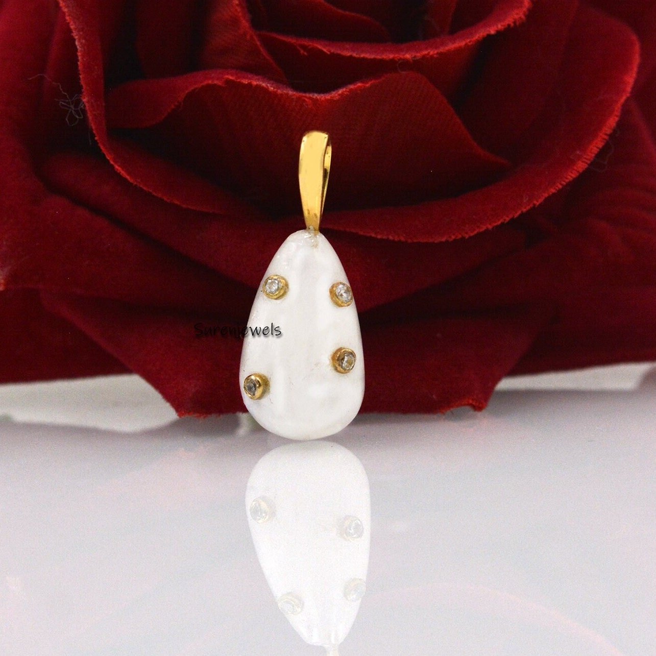 14K Gold Moonstone Drop Pendant: Gemstone Teardrop Necklace - View 2 - Suren Jewels | SKU: SJP1112-SLYGMSWT 14K Gold Moonstone Drop Pendant: Gemstone Teardrop Necklace - View 2 - Suren Jewels | SKU: SJP1112-SLYGMSWT