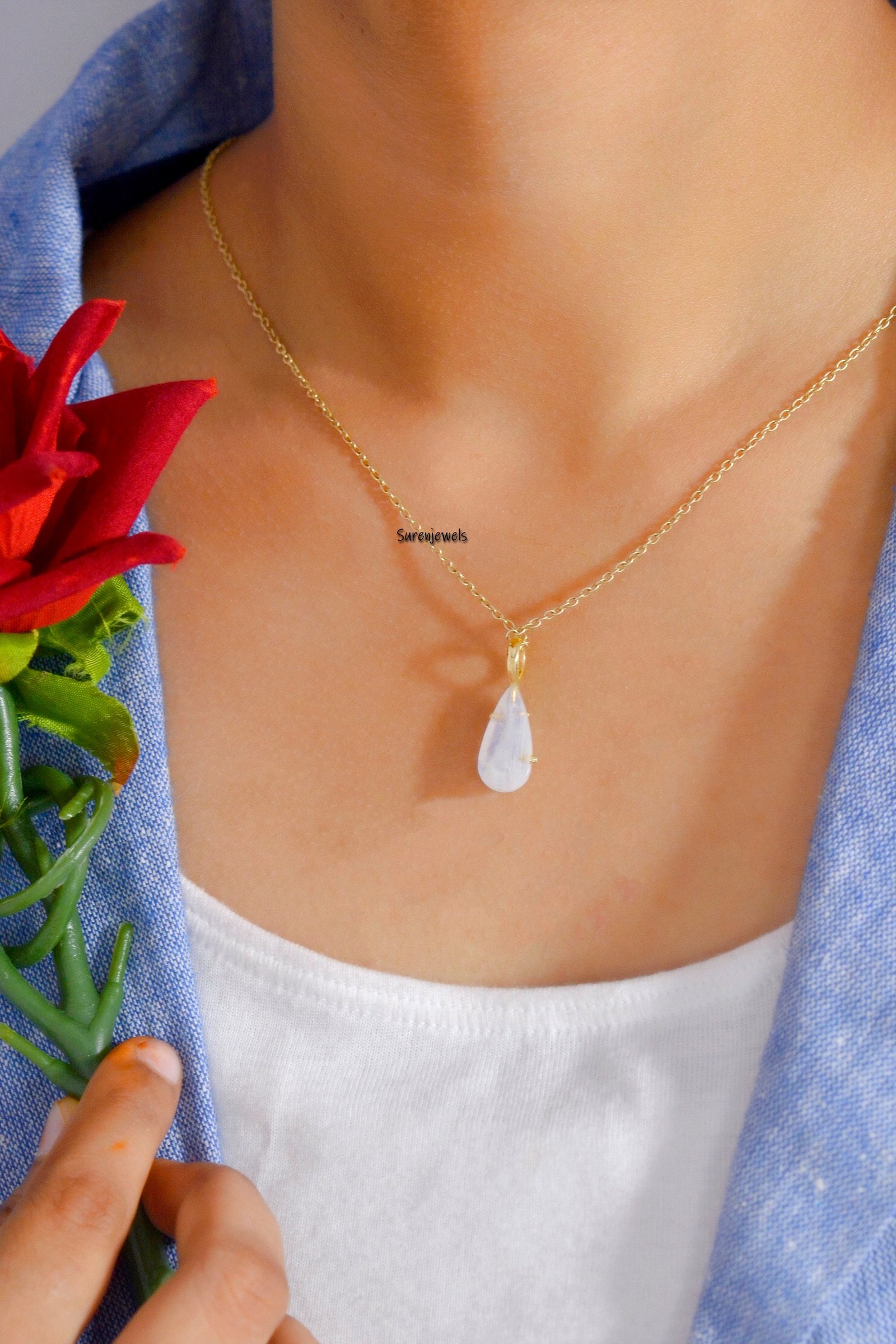 14K Gold Moonstone Drop Pendant: Gemstone Teardrop Necklace - View 3 - Suren Jewels | SKU: SJP1112-SLYGMSWT 14K Gold Moonstone Drop Pendant: Gemstone Teardrop Necklace - View 3 - Suren Jewels | SKU: SJP1112-SLYGMSWT