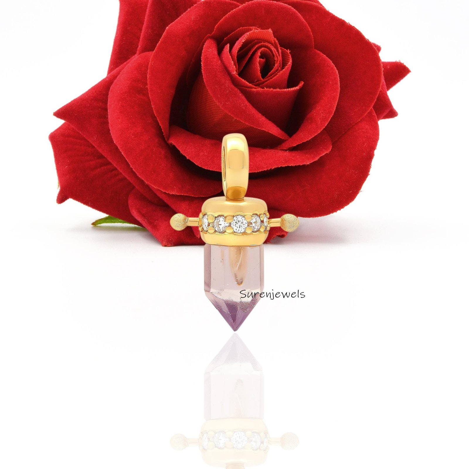 14K Gold Moonstone Point Pendant with Moissanite Diamond - Suren Jewels | SKU: SJP,SJP6060-SLYGMSMN-30M 14K Gold Moonstone Point Pendant with Moissanite Diamond - Suren Jewels | SKU: SJP,SJP6060-SLYGMSMN-30M