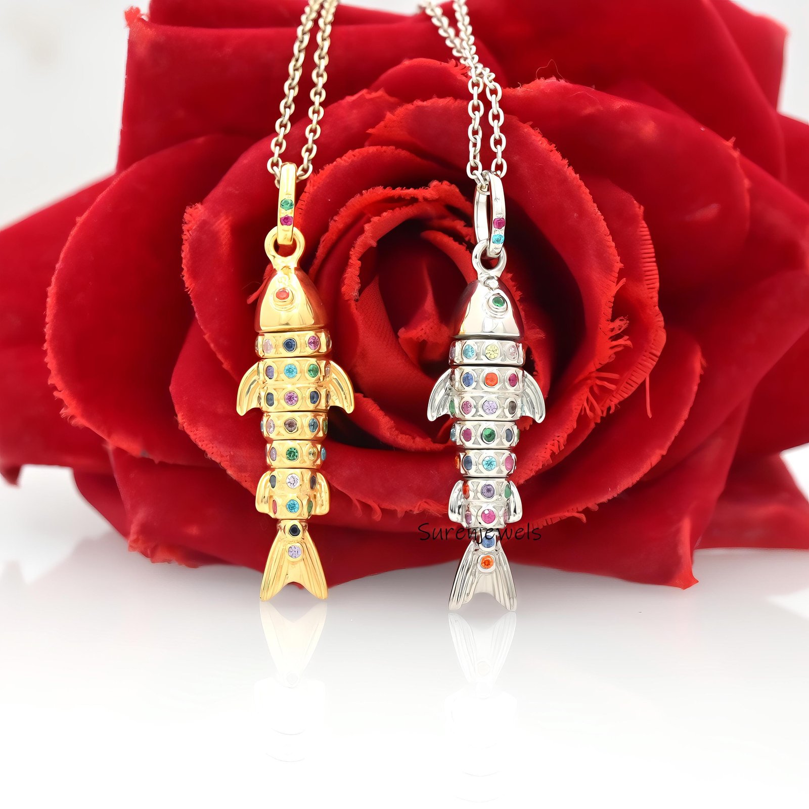 14K Gold Moveable Fish Pendant: Multi Gemstone 3D Charm - Suren Jewels | SKU: SJP3342 14K Gold Moveable Fish Pendant: Multi Gemstone 3D Charm - Suren Jewels | SKU: SJP3342