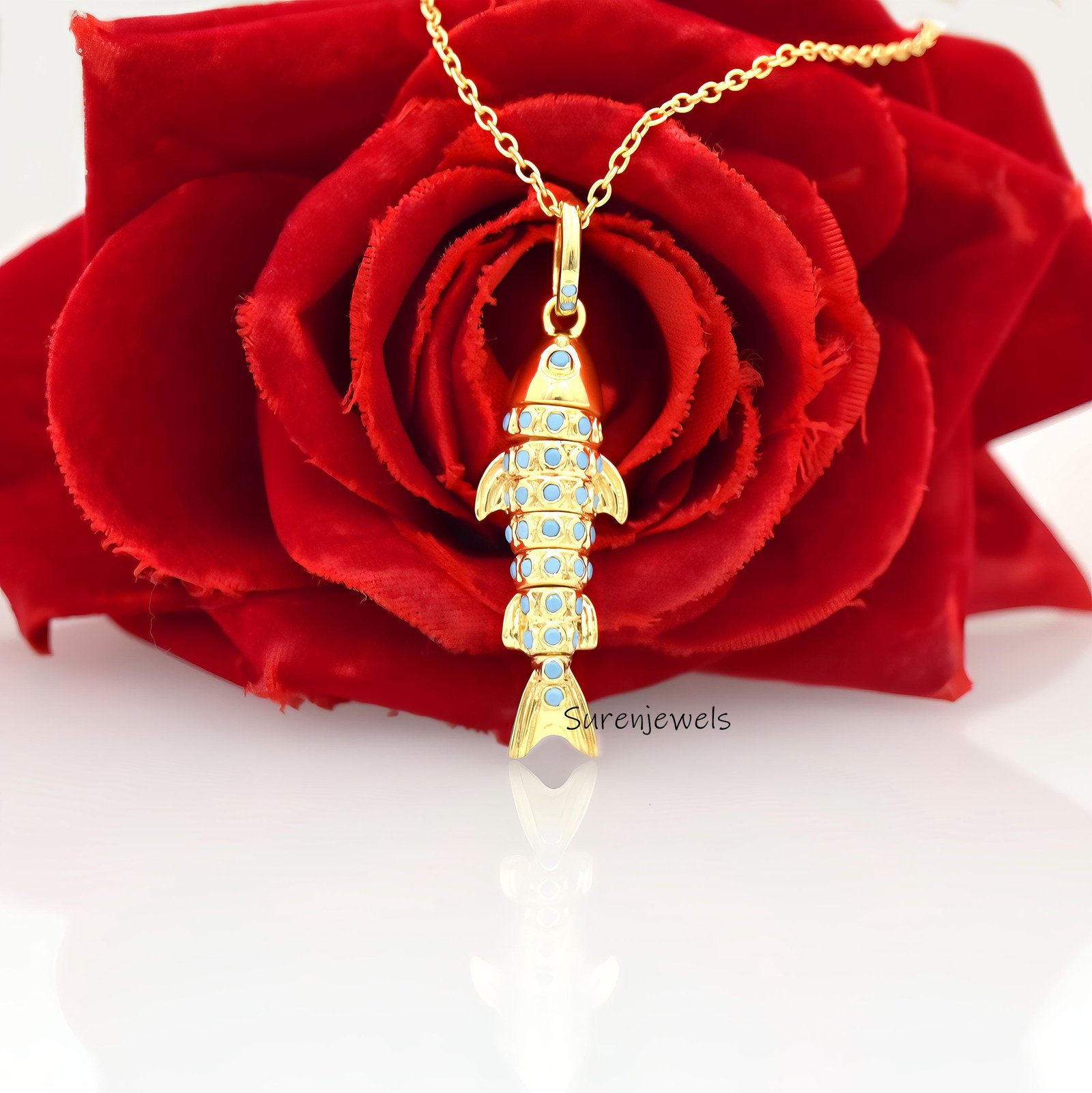 14K Gold Moveable Fish Pendant: Multi Gemstone 3D Charm - View 2 - Suren Jewels | SKU: SJP3342 14K Gold Moveable Fish Pendant: Multi Gemstone 3D Charm - View 2 - Suren Jewels | SKU: SJP3342