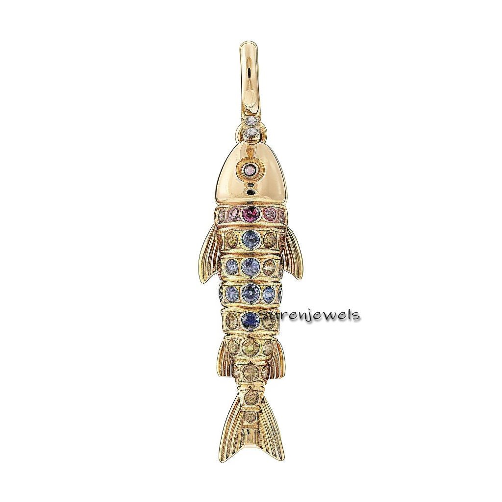 14K Gold Moveable Fish Pendant: Multi Gemstone 3D Charm - View 5 - Suren Jewels | SKU: SJP3342 14K Gold Moveable Fish Pendant: Multi Gemstone 3D Charm - View 5 - Suren Jewels | SKU: SJP3342