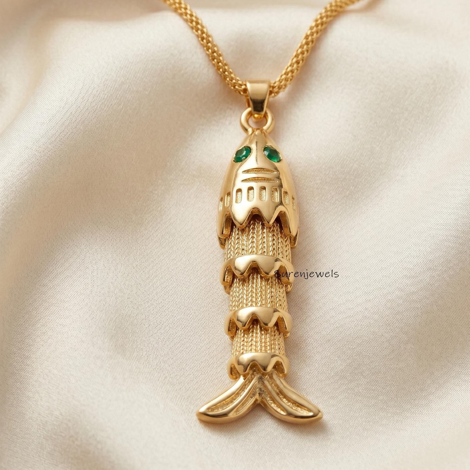 14k Gold Moveable Fish Pendant: Multi Stone Fish Pendant - Suren Jewels | SKU: SJP6187-SLYGRUCZ-30M 14k Gold Moveable Fish Pendant: Multi Stone Fish Pendant - Suren Jewels | SKU: SJP6187-SLYGRUCZ-30M