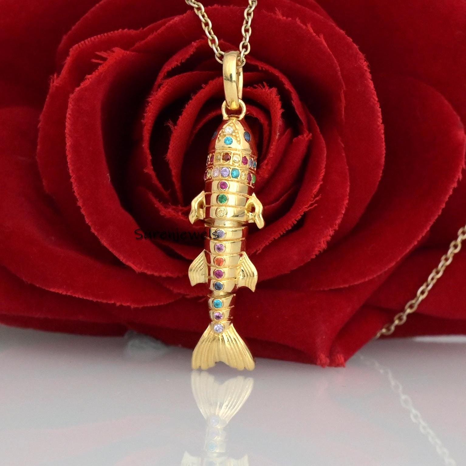 14k Gold Moveable Fish Pendant: Multi Stone Fish Pendant - View 4 - Suren Jewels | SKU: SJP6187-SLYGRUCZ-30M 14k Gold Moveable Fish Pendant: Multi Stone Fish Pendant - View 4 - Suren Jewels | SKU: SJP6187-SLYGRUCZ-30M