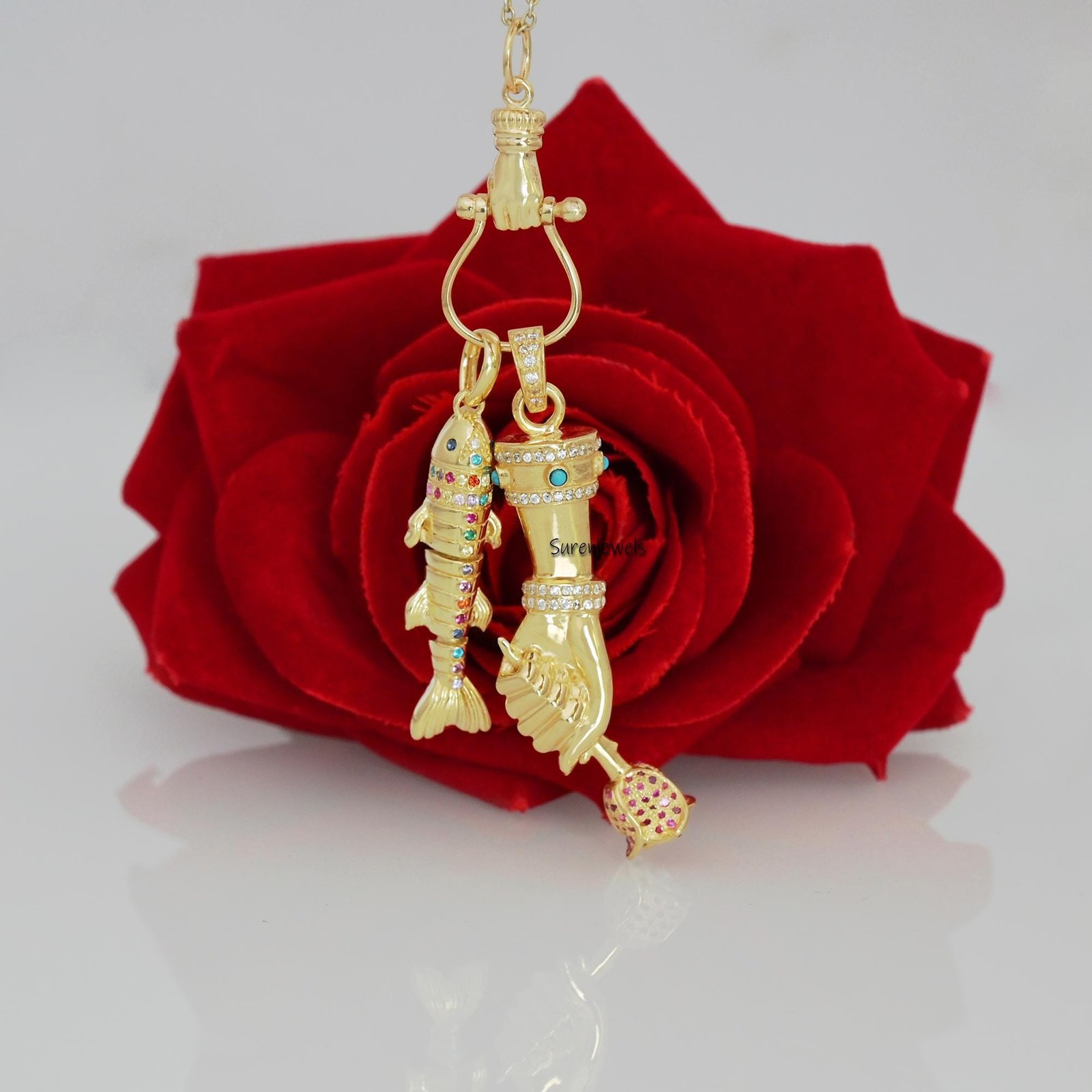 14k Gold Moveable Fish Pendant: Multi Stone Fish Pendant - View 5 - Suren Jewels | SKU: SJP6187-SLYGRUCZ-30M 14k Gold Moveable Fish Pendant: Multi Stone Fish Pendant - View 5 - Suren Jewels | SKU: SJP6187-SLYGRUCZ-30M