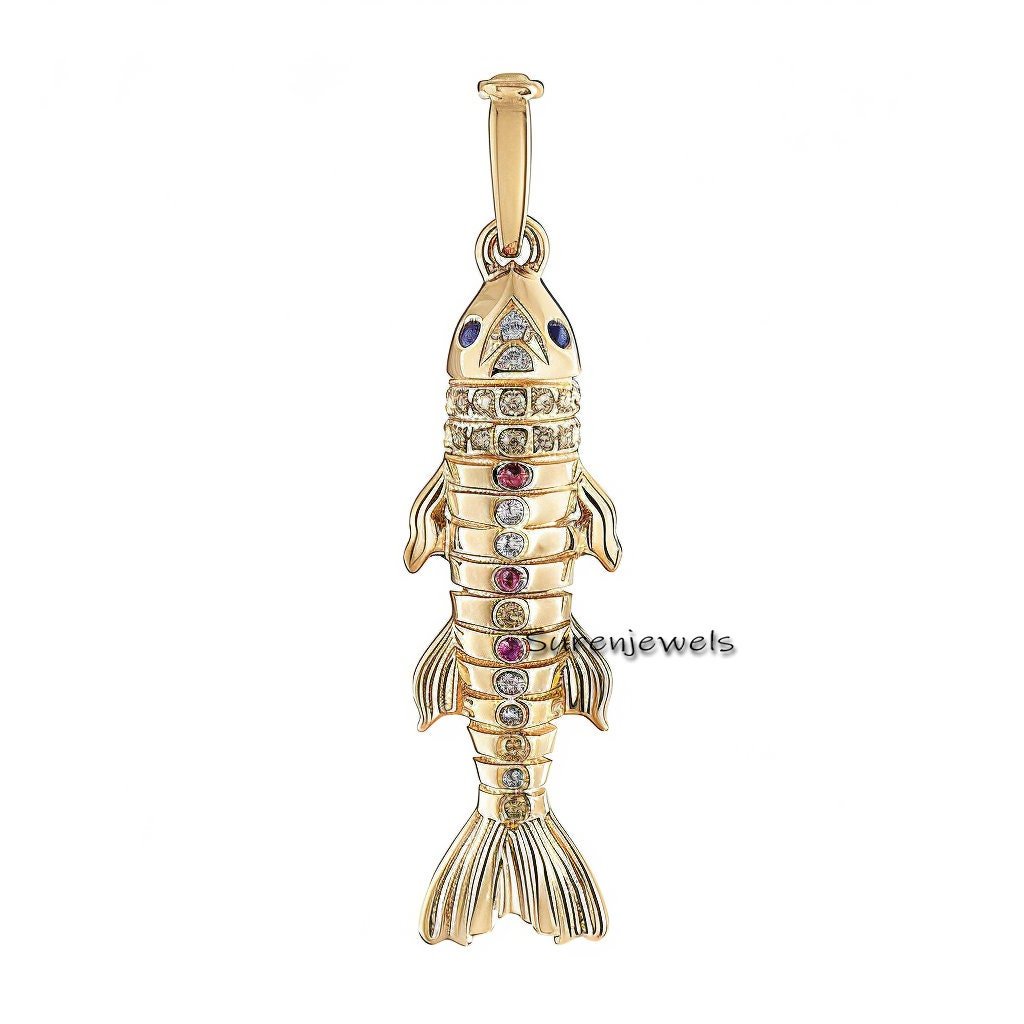 14k Gold Moveable Fish Pendant: Multi Stone Fish Pendant - View 7 - Suren Jewels | SKU: SJP6187-SLYGRUCZ-30M 14k Gold Moveable Fish Pendant: Multi Stone Fish Pendant - View 7 - Suren Jewels | SKU: SJP6187-SLYGRUCZ-30M