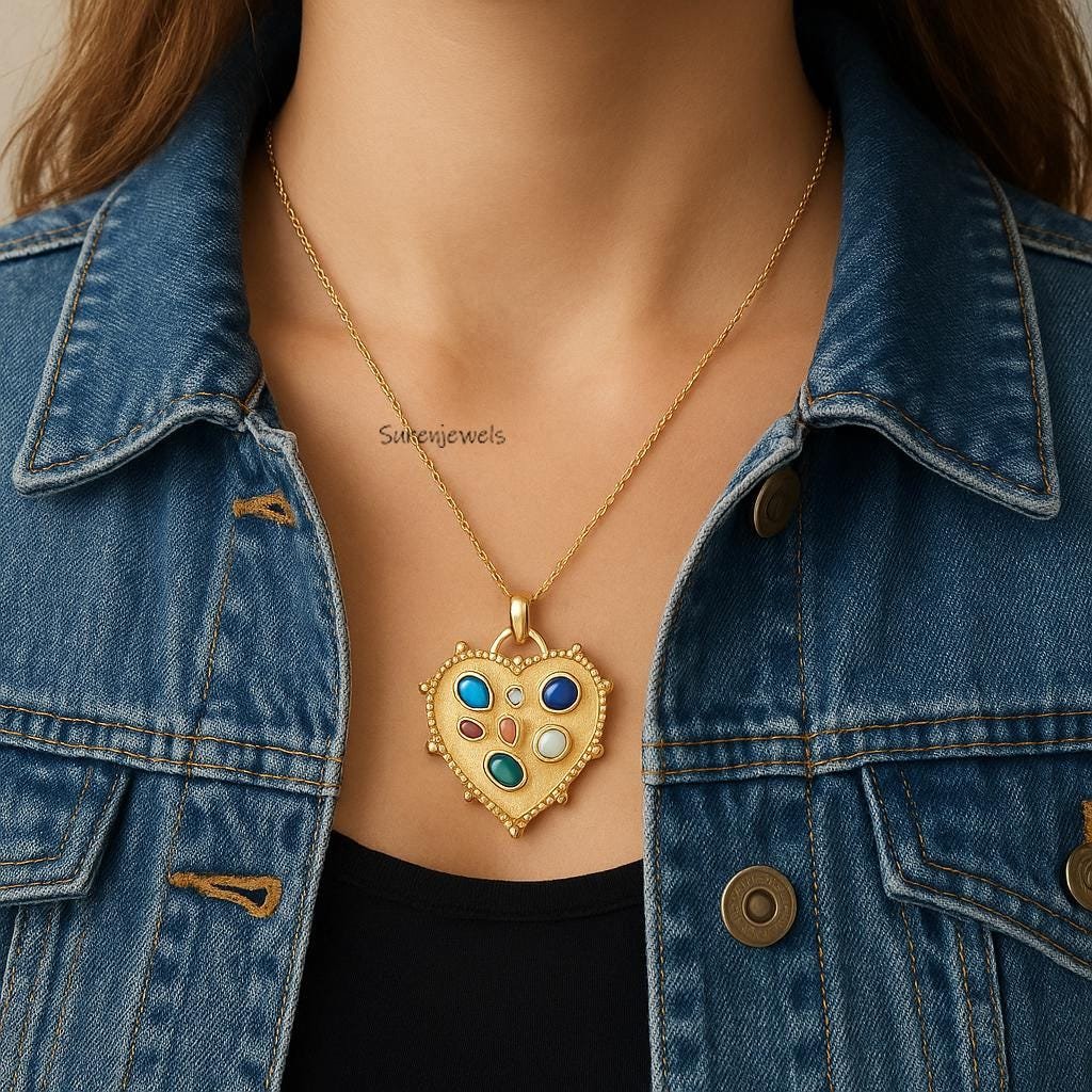 14k Gold Multi Gemstone Heart Pendant: Dainty Handmade Design - Suren Jewels | SKU: SJP5046- 14k Gold Multi Gemstone Heart Pendant: Dainty Handmade Design - Suren Jewels | SKU: SJP5046-
