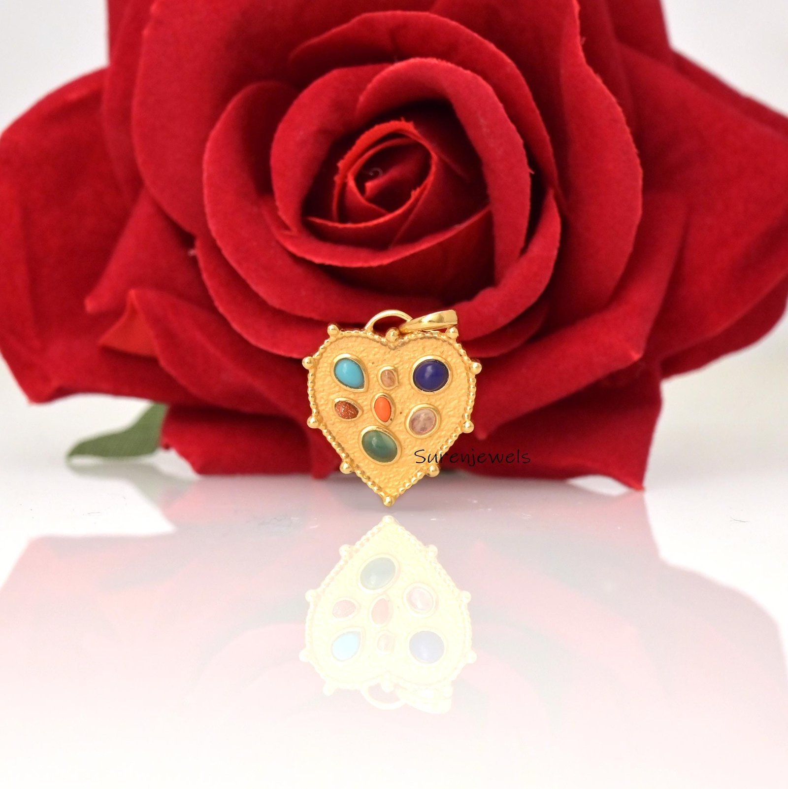 14k Gold Multi Gemstone Heart Pendant: Dainty Handmade Design - View 2 - Suren Jewels | SKU: SJP5046- 14k Gold Multi Gemstone Heart Pendant: Dainty Handmade Design - View 2 - Suren Jewels | SKU: SJP5046-