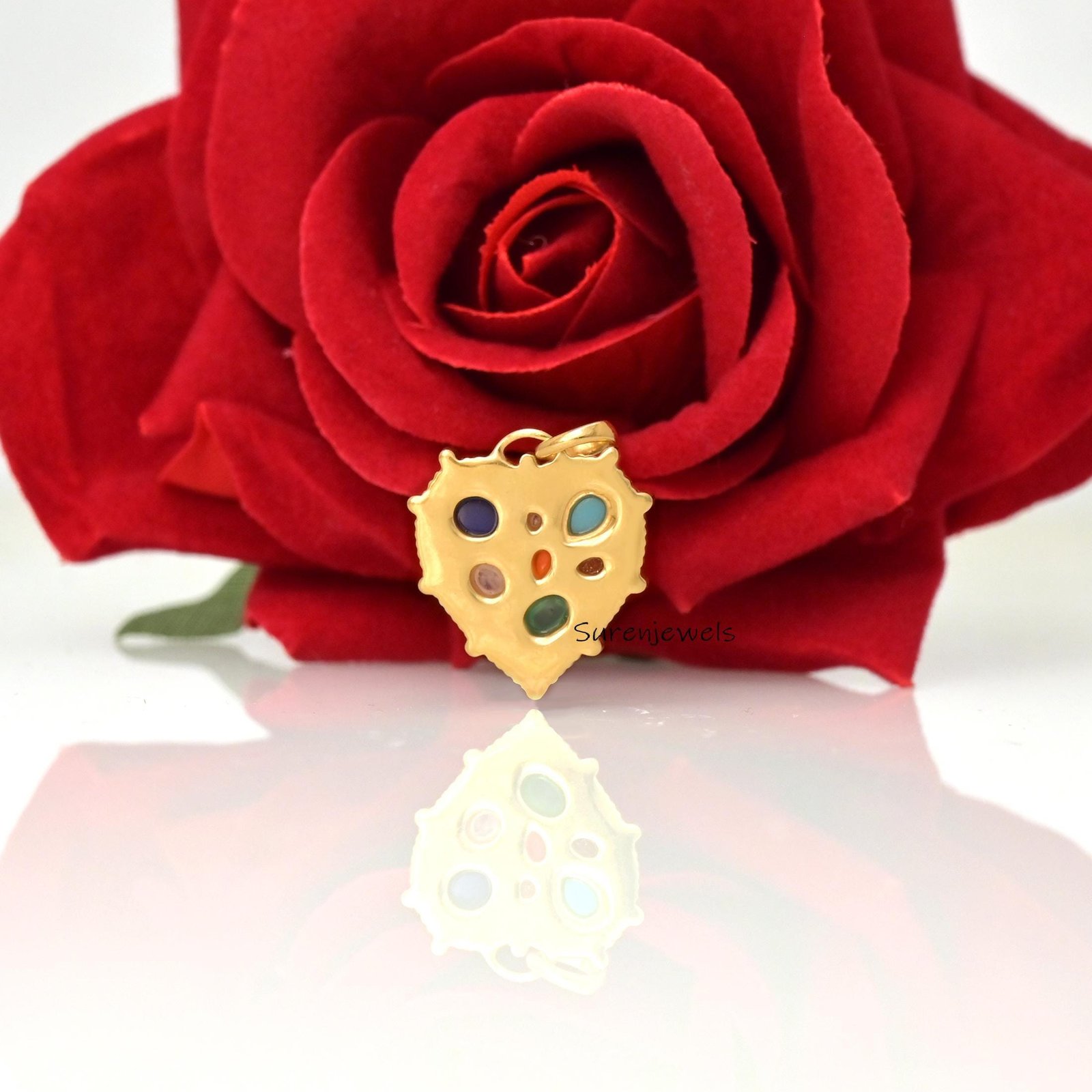 14k Gold Multi Gemstone Heart Pendant: Dainty Handmade Design - View 3 - Suren Jewels | SKU: SJP5046- 14k Gold Multi Gemstone Heart Pendant: Dainty Handmade Design - View 3 - Suren Jewels | SKU: SJP5046-