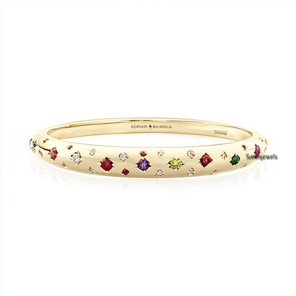 14k Gold Multi Gemstone Hinged Bangle: Dainty Sapphire Bracelet - Suren Jewels | SKU: SJB311-SLYGMG-6.5I 14k Gold Multi Gemstone Hinged Bangle: Dainty Sapphire Bracelet - Suren Jewels | SKU: SJB311-SLYGMG-6.5I