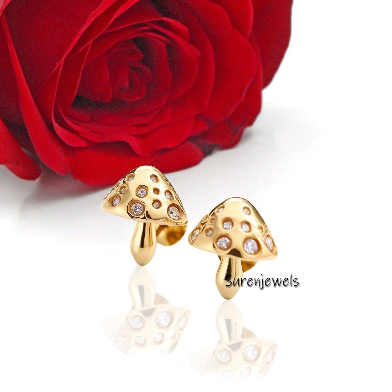 14k Gold Mushroom Stud Earrings: Tiny Magic Mushroom Design - Suren Jewels | SKU: SJE1442-SLYG 14k Gold Mushroom Stud Earrings: Tiny Magic Mushroom Design - Suren Jewels | SKU: SJE1442-SLYG