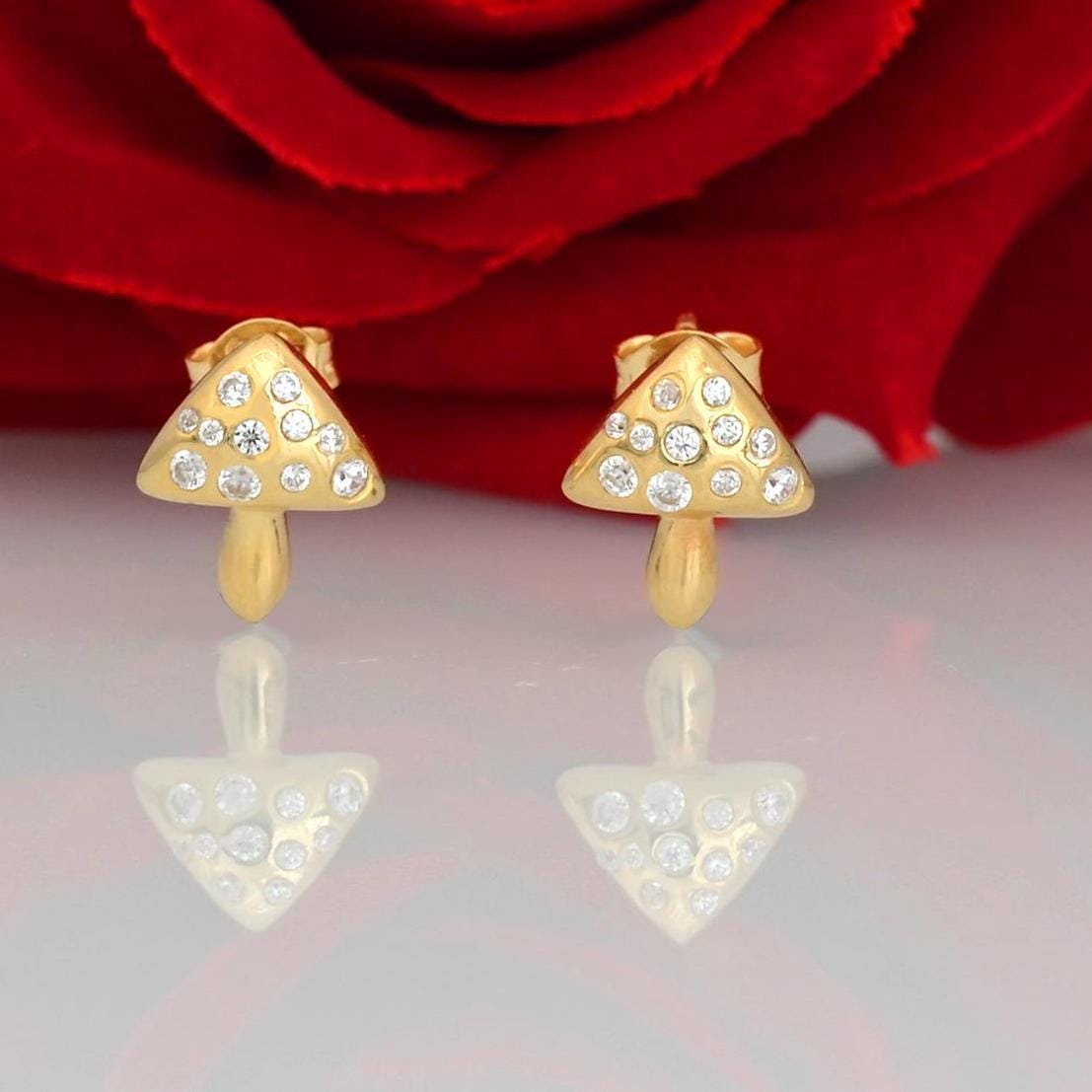 14k Gold Mushroom Stud Earrings: Tiny Magic Mushroom Design - View 2 - Suren Jewels | SKU: SJE1442-SLYG 14k Gold Mushroom Stud Earrings: Tiny Magic Mushroom Design - View 2 - Suren Jewels | SKU: SJE1442-SLYG