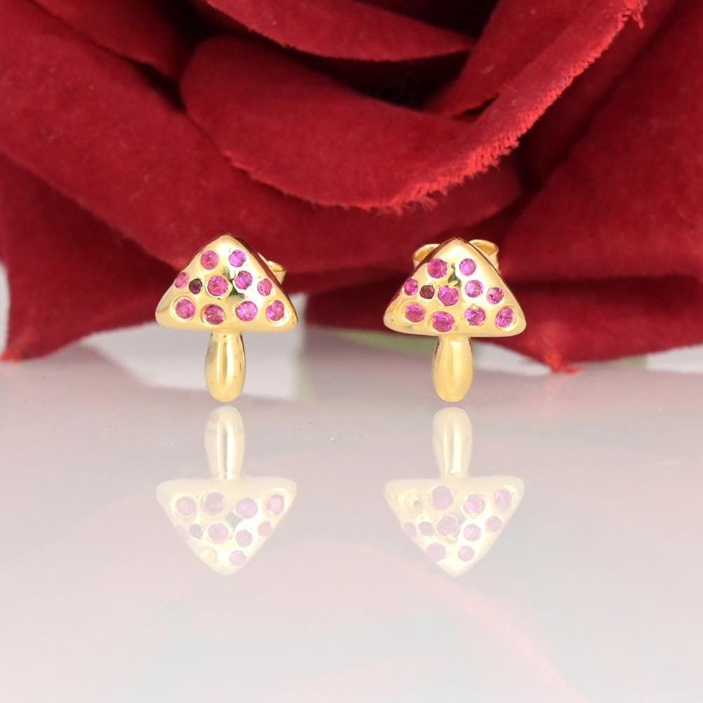 14k Gold Mushroom Stud Earrings: Tiny Magic Mushroom Design - View 3 - Suren Jewels | SKU: SJE1442-SLYG 14k Gold Mushroom Stud Earrings: Tiny Magic Mushroom Design - View 3 - Suren Jewels | SKU: SJE1442-SLYG