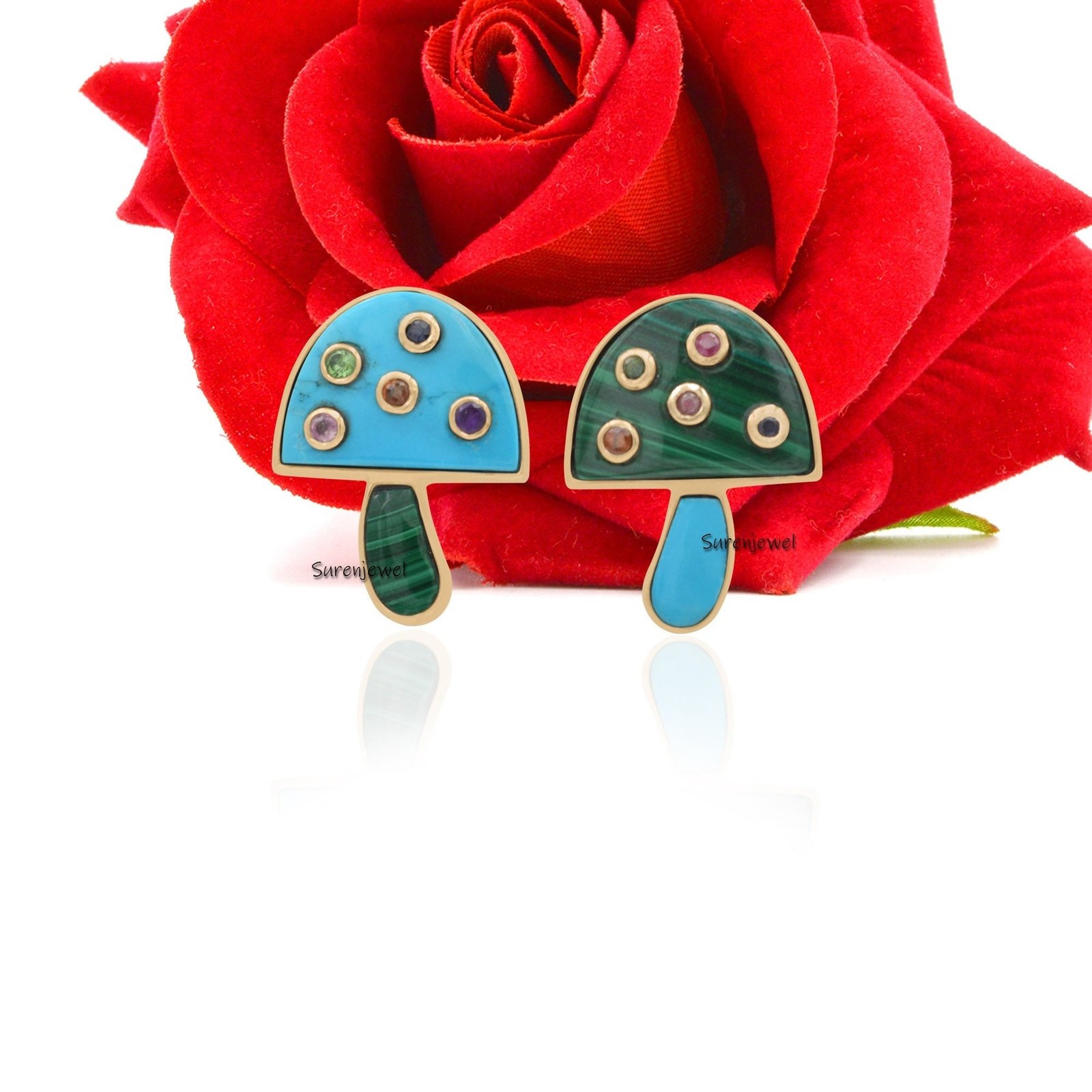 14k Gold Mushroom Studs: Gemstone Handmade Earrings - Suren Jewels | SKU: SJE916-9KYGMKTQMTCS 14k Gold Mushroom Studs: Gemstone Handmade Earrings - Suren Jewels | SKU: SJE916-9KYGMKTQMTCS