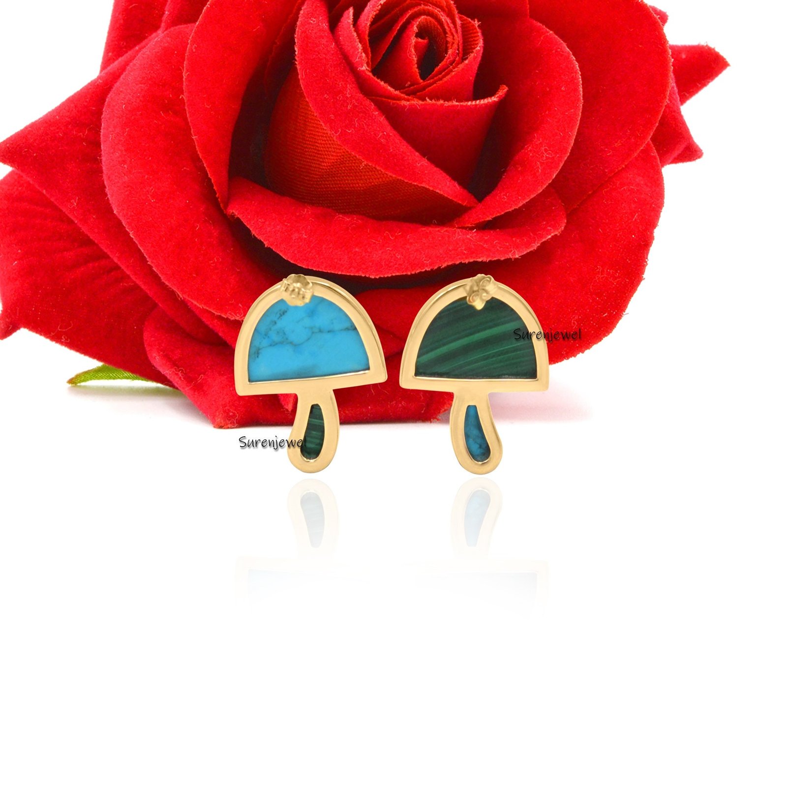 14k Gold Mushroom Studs: Gemstone Handmade Earrings - View 2 - Suren Jewels | SKU: SJE916-9KYGMKTQMTCS 14k Gold Mushroom Studs: Gemstone Handmade Earrings - View 2 - Suren Jewels | SKU: SJE916-9KYGMKTQMTCS