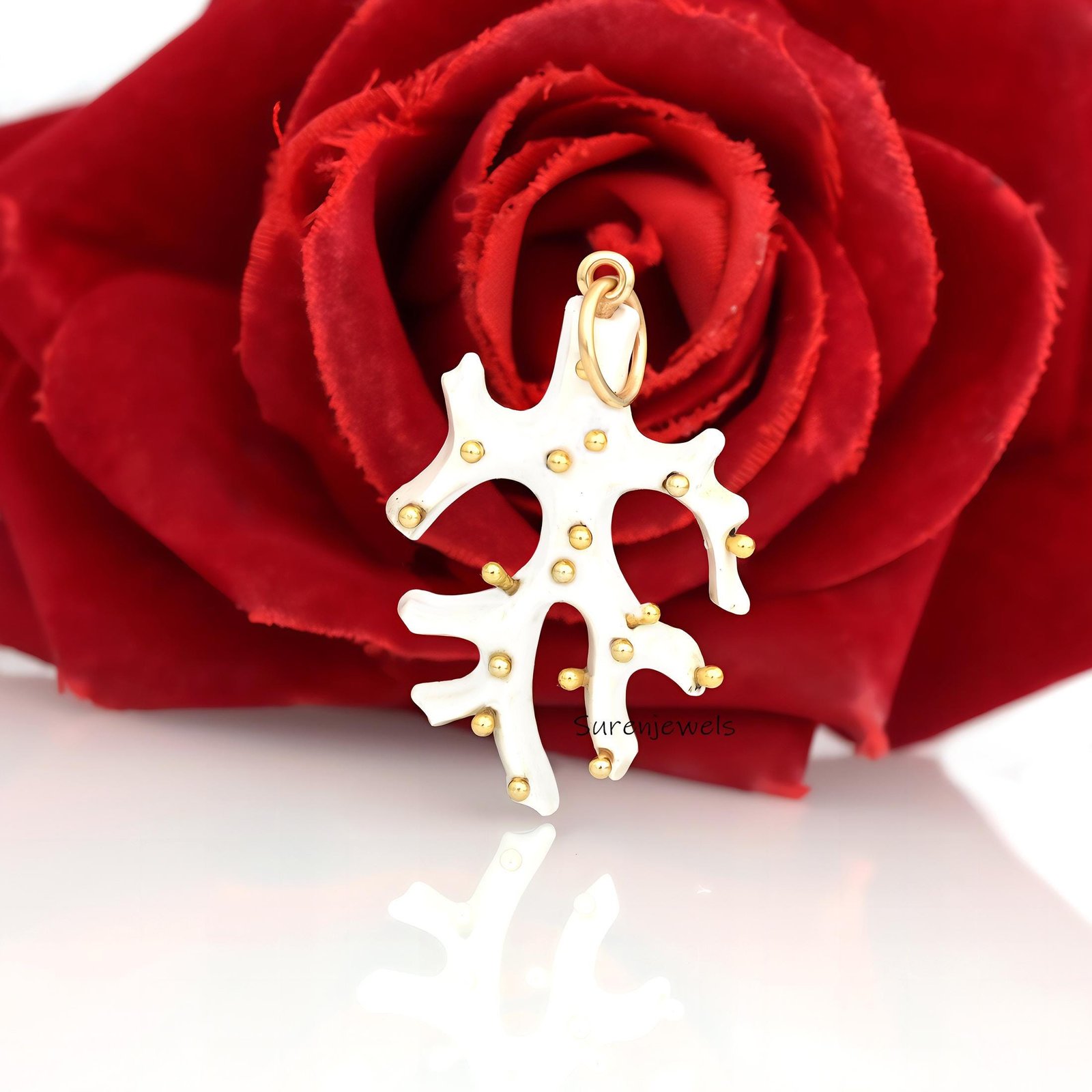 14k Gold Natural Red Coral Branch Pendant - Suren Jewels | SKU: SJP1720 14k Gold Natural Red Coral Branch Pendant - Suren Jewels | SKU: SJP1720
