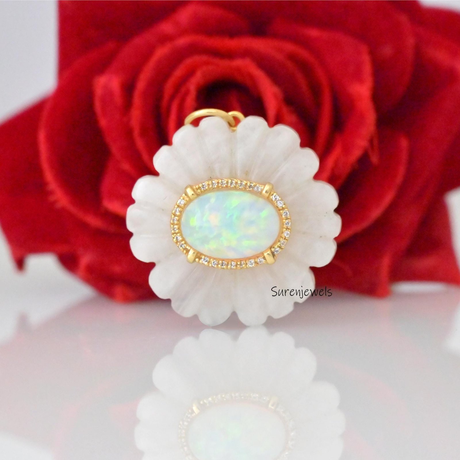 14K Gold Opal Flower Pendant: Carved Gemstone Blossom - Suren Jewels | SKU: SJP4827-SLRGPOPEOPWCZ 14K Gold Opal Flower Pendant: Carved Gemstone Blossom - Suren Jewels | SKU: SJP4827-SLRGPOPEOPWCZ