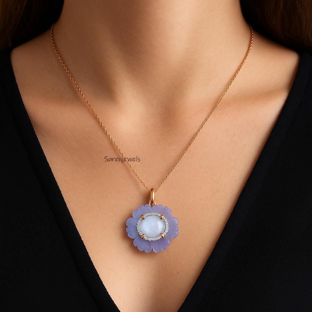 14K Gold Opal Flower Pendant: Carved Gemstone Blossom - View 4 - Suren Jewels | SKU: SJP4827-SLRGPOPEOPWCZ 14K Gold Opal Flower Pendant: Carved Gemstone Blossom - View 4 - Suren Jewels | SKU: SJP4827-SLRGPOPEOPWCZ