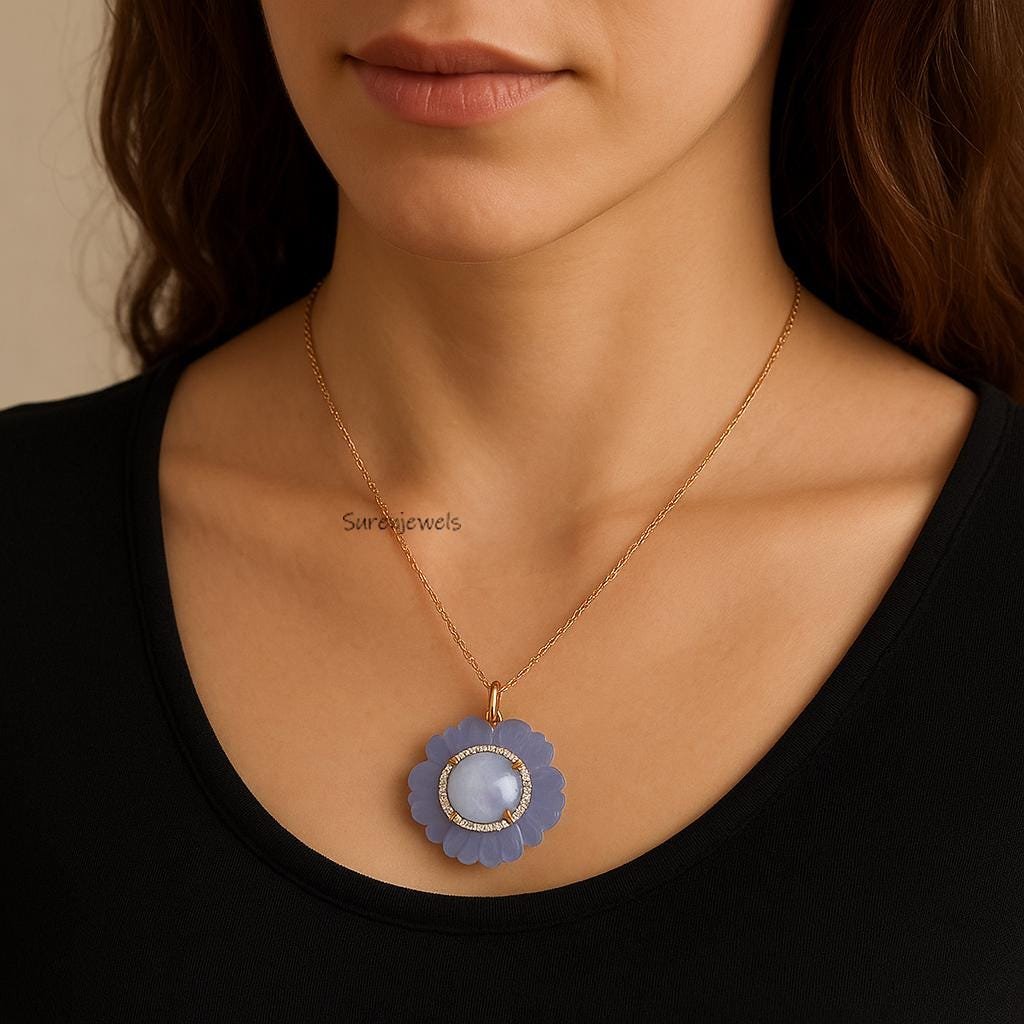 14K Gold Opal Flower Pendant: Carved Gemstone Blossom - View 5 - Suren Jewels | SKU: SJP4827-SLRGPOPEOPWCZ 14K Gold Opal Flower Pendant: Carved Gemstone Blossom - View 5 - Suren Jewels | SKU: SJP4827-SLRGPOPEOPWCZ
