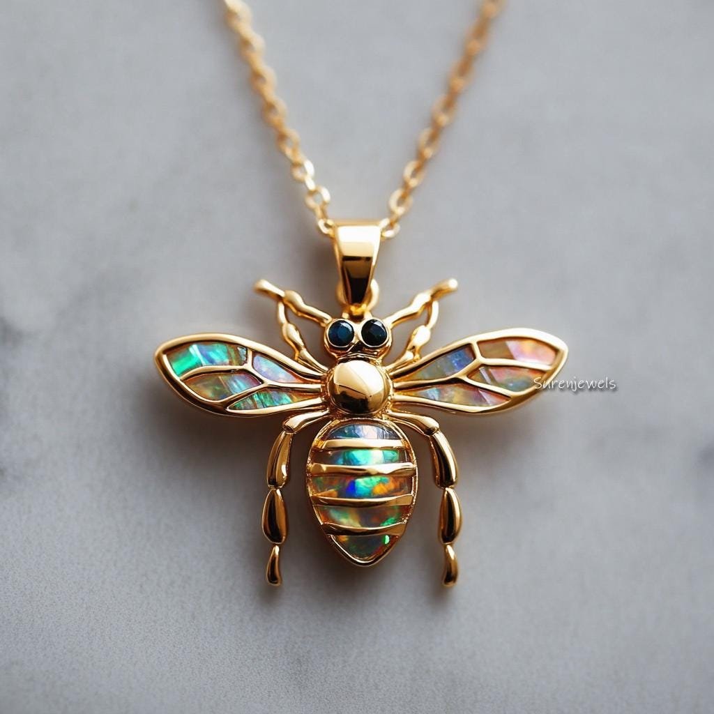 14k Gold Opal Honey Bee Pendant: Dainty Gemstone Bee Charm - View 3 - Suren Jewels | SKU: SJP4623-SLYGOPCZ-25M,SJP4496-SLNSEO 14k Gold Opal Honey Bee Pendant: Dainty Gemstone Bee Charm - View 3 - Suren Jewels | SKU: SJP4623-SLYGOPCZ-25M,SJP4496-SLNSEO