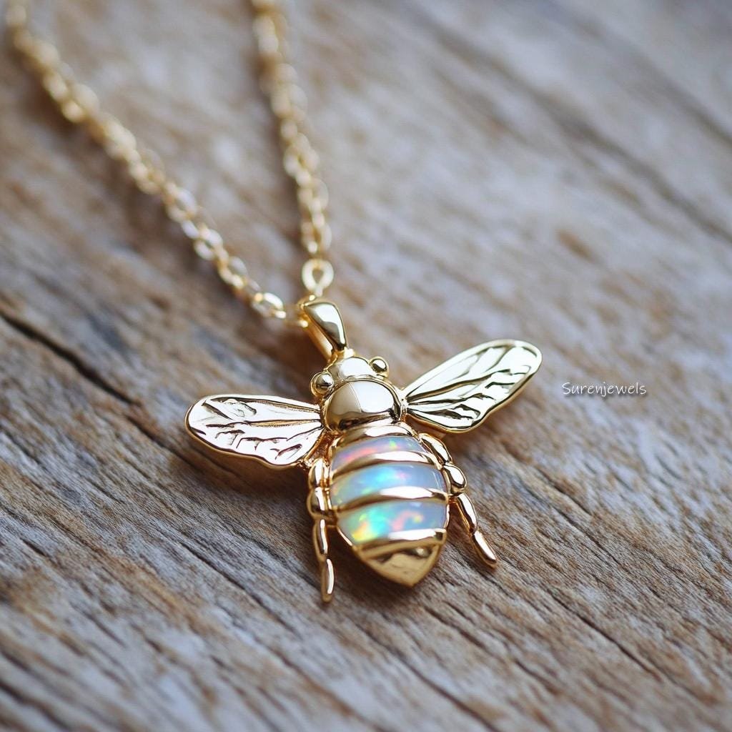 14k Gold Opal Honey Bee Pendant: Dainty Gemstone Bee Charm - View 4 - Suren Jewels | SKU: SJP4623-SLYGOPCZ-25M,SJP4496-SLNSEO 14k Gold Opal Honey Bee Pendant: Dainty Gemstone Bee Charm - View 4 - Suren Jewels | SKU: SJP4623-SLYGOPCZ-25M,SJP4496-SLNSEO