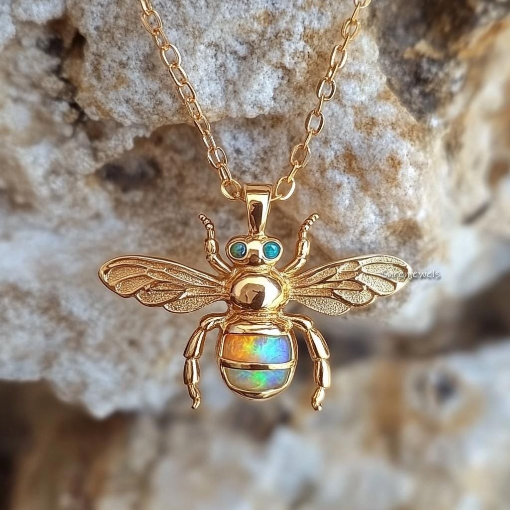 14k Gold Opal Honey Bee Pendant: Dainty Gemstone Bee Charm - View 5 - Suren Jewels | SKU: SJP4623-SLYGOPCZ-25M,SJP4496-SLNSEO 14k Gold Opal Honey Bee Pendant: Dainty Gemstone Bee Charm - View 5 - Suren Jewels | SKU: SJP4623-SLYGOPCZ-25M,SJP4496-SLNSEO