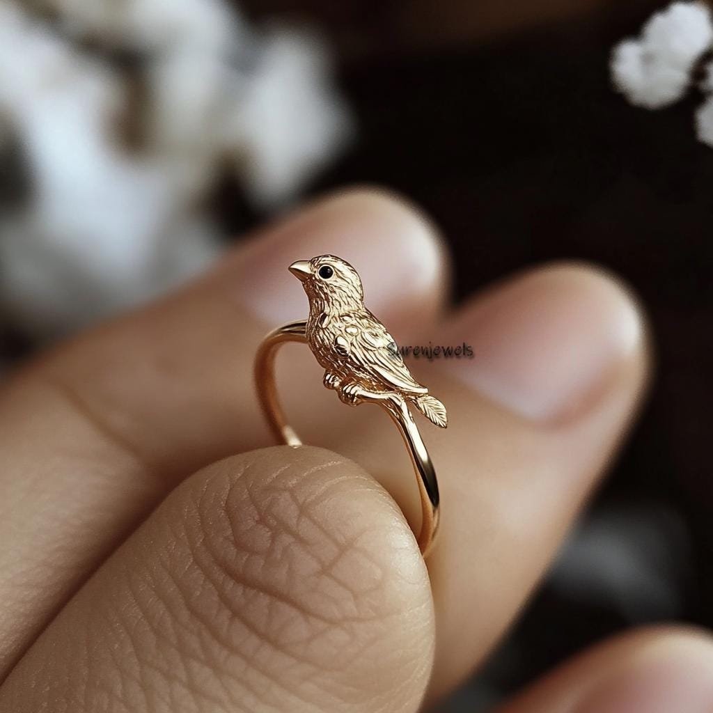 14k Gold Parakeet Ring: Dainty Bird Jewelry - Suren Jewels | SKU: SJR3016-,SJR 14k Gold Parakeet Ring: Dainty Bird Jewelry - Suren Jewels | SKU: SJR3016-,SJR