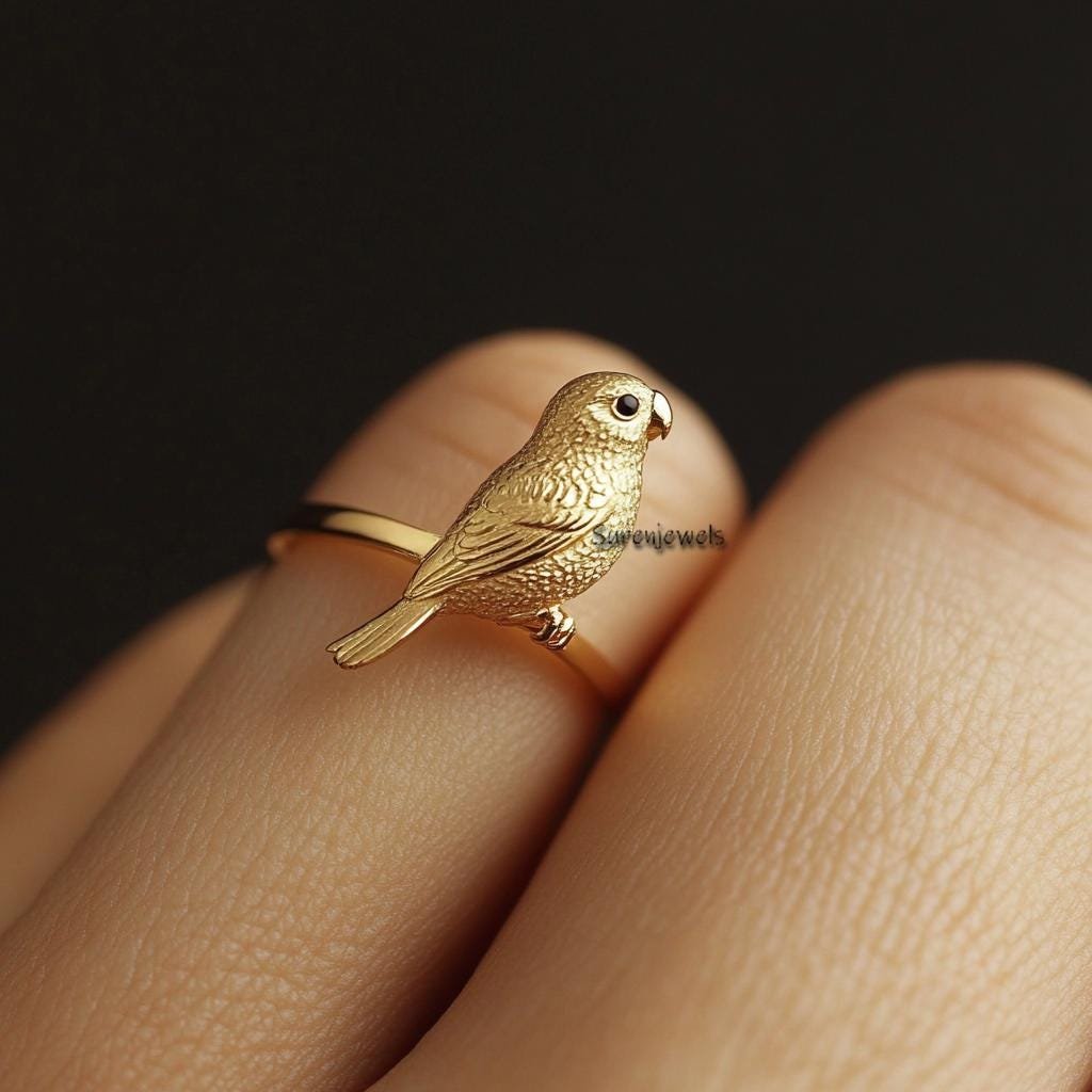 14k Gold Parakeet Ring: Dainty Bird Jewelry - View 3 - Suren Jewels | SKU: SJR3016-,SJR 14k Gold Parakeet Ring: Dainty Bird Jewelry - View 3 - Suren Jewels | SKU: SJR3016-,SJR