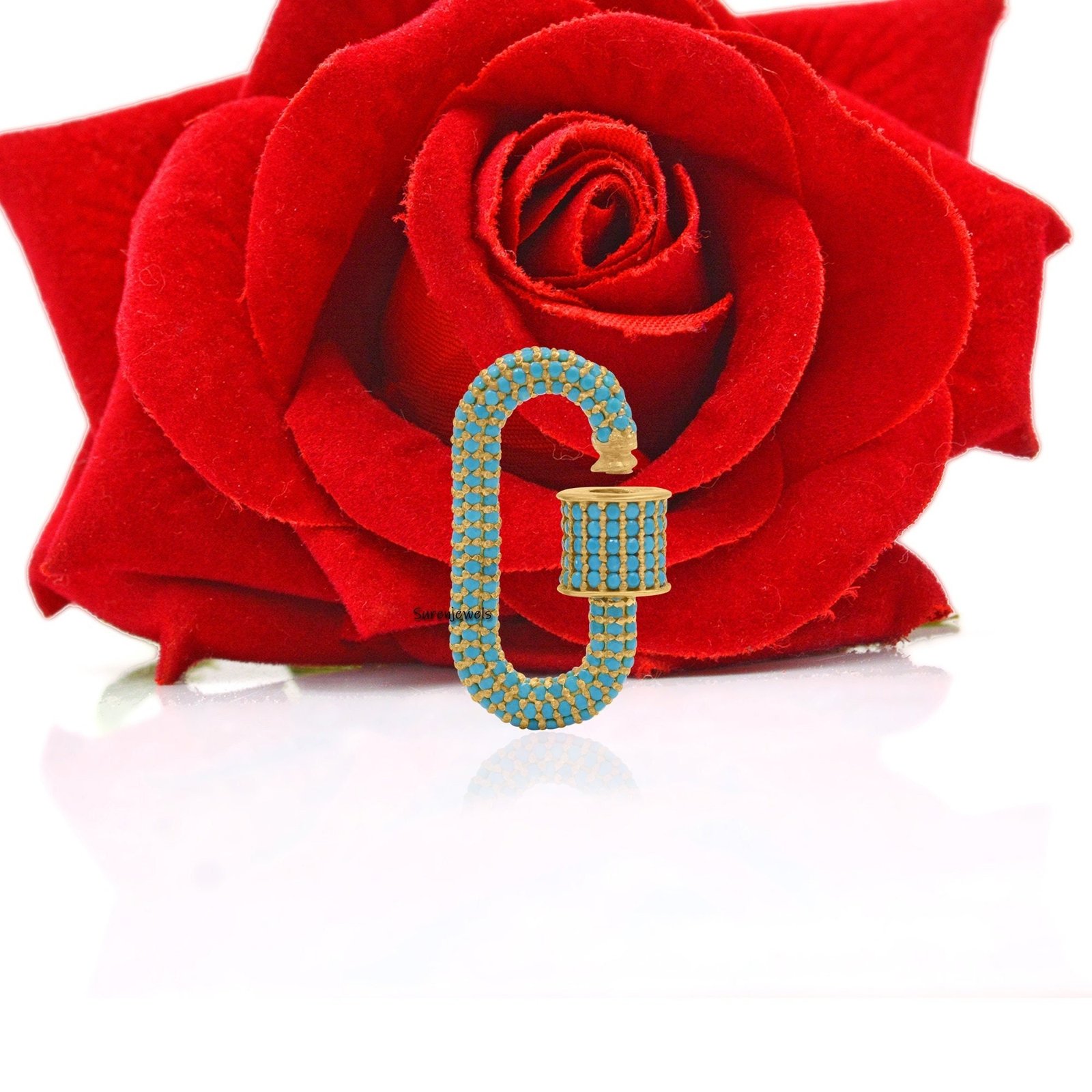 14k Gold Pave Carabiner Lock: Gemstone Charm Connector - View 4 - Suren Jewels | SKU: SJC10A-14KRGTQ-30 14k Gold Pave Carabiner Lock: Gemstone Charm Connector - View 4 - Suren Jewels | SKU: SJC10A-14KRGTQ-30