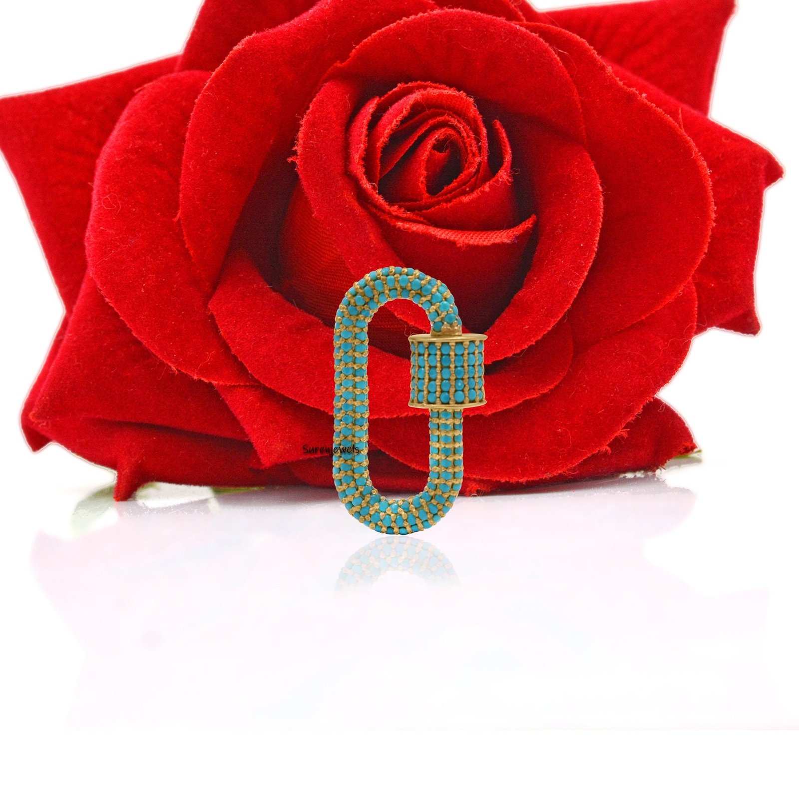 14k Gold Pave Carabiner Lock: Gemstone Charm Connector - View 5 - Suren Jewels | SKU: SJC10A-14KRGTQ-30 14k Gold Pave Carabiner Lock: Gemstone Charm Connector - View 5 - Suren Jewels | SKU: SJC10A-14KRGTQ-30