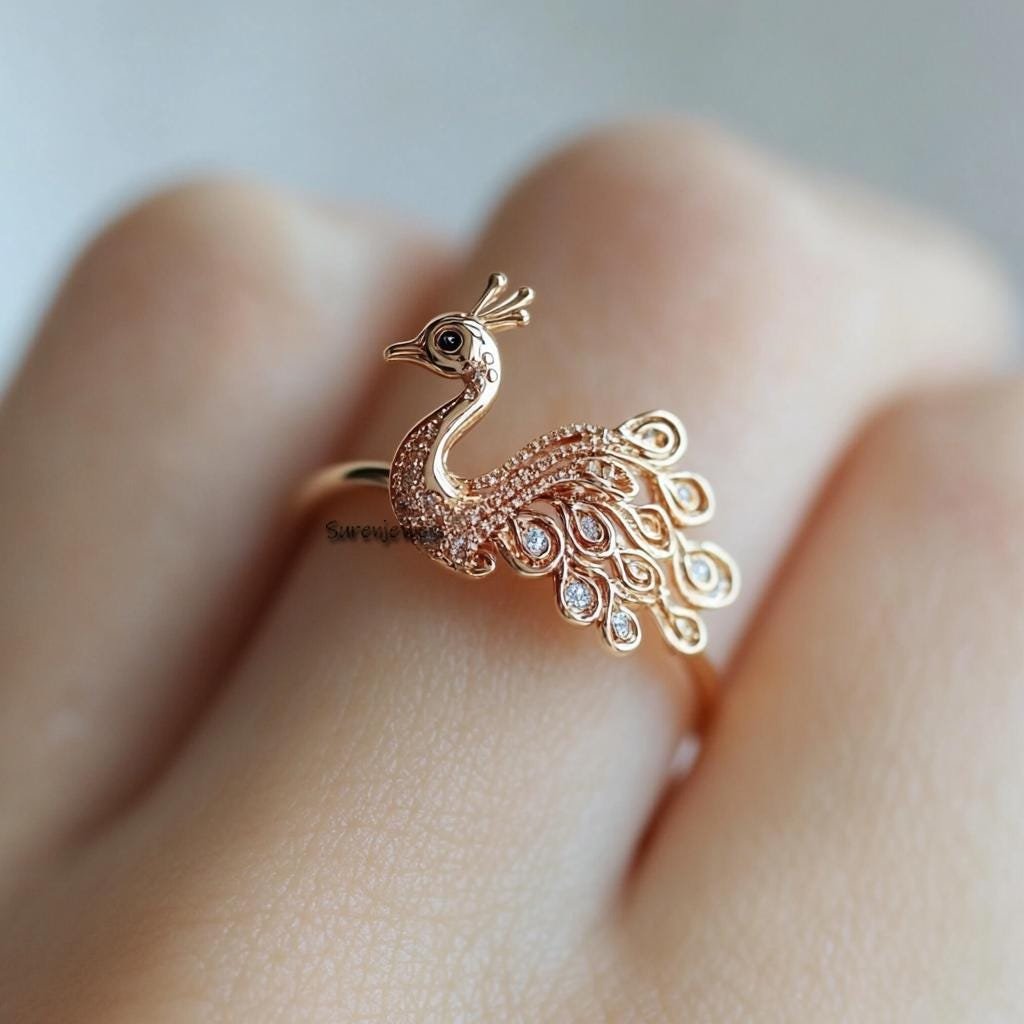 14k Gold Peacock Ring: Dainty Animal Jewelry - Suren Jewels | SKU: SJR3352-SLYGCZ-US-7,SJR 14k Gold Peacock Ring: Dainty Animal Jewelry - Suren Jewels | SKU: SJR3352-SLYGCZ-US-7,SJR