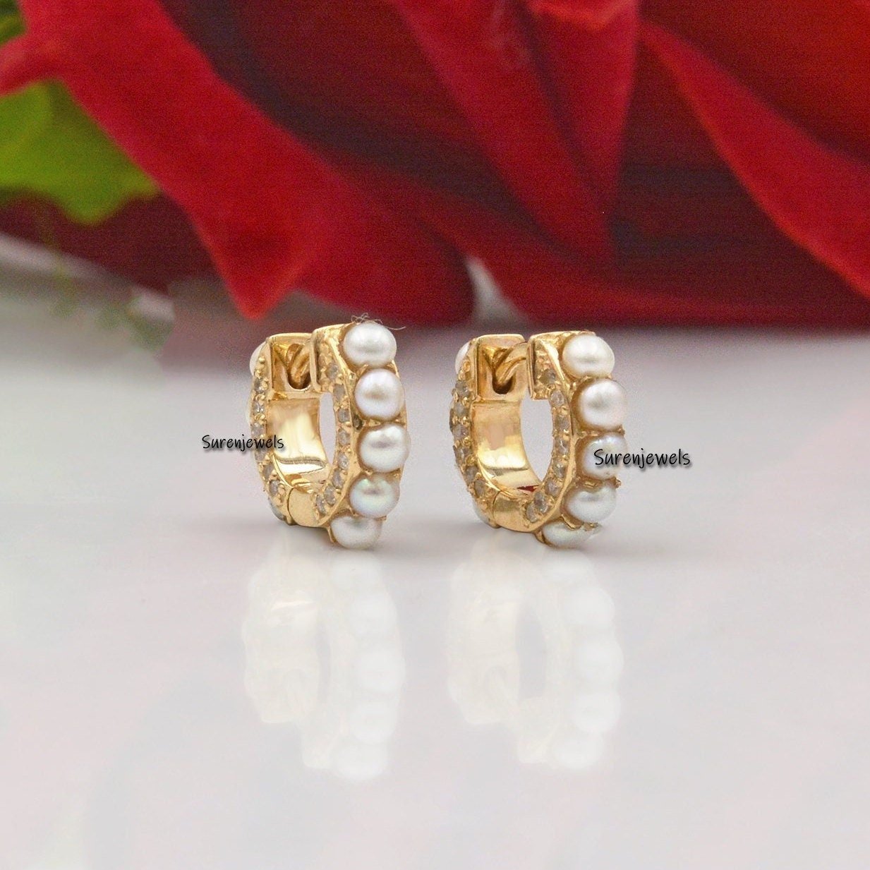 14k Gold Pearl Diamond Huggie Earrings: Dainty Gold Hoops - Suren Jewels | SKU: SJE333-SLYGDIPL 14k Gold Pearl Diamond Huggie Earrings: Dainty Gold Hoops - Suren Jewels | SKU: SJE333-SLYGDIPL