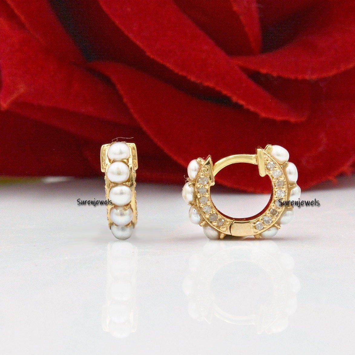 14k Gold Pearl Diamond Huggie Earrings: Dainty Gold Hoops - View 2 - Suren Jewels | SKU: SJE333-SLYGDIPL 14k Gold Pearl Diamond Huggie Earrings: Dainty Gold Hoops - View 2 - Suren Jewels | SKU: SJE333-SLYGDIPL