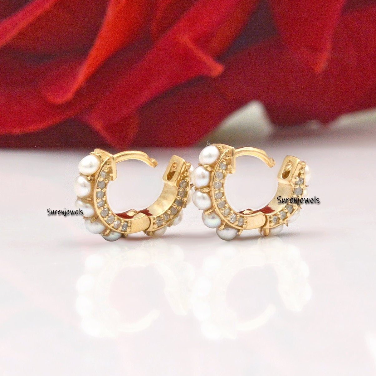 14k Gold Pearl Diamond Huggie Earrings: Dainty Gold Hoops - View 3 - Suren Jewels | SKU: SJE333-SLYGDIPL 14k Gold Pearl Diamond Huggie Earrings: Dainty Gold Hoops - View 3 - Suren Jewels | SKU: SJE333-SLYGDIPL
